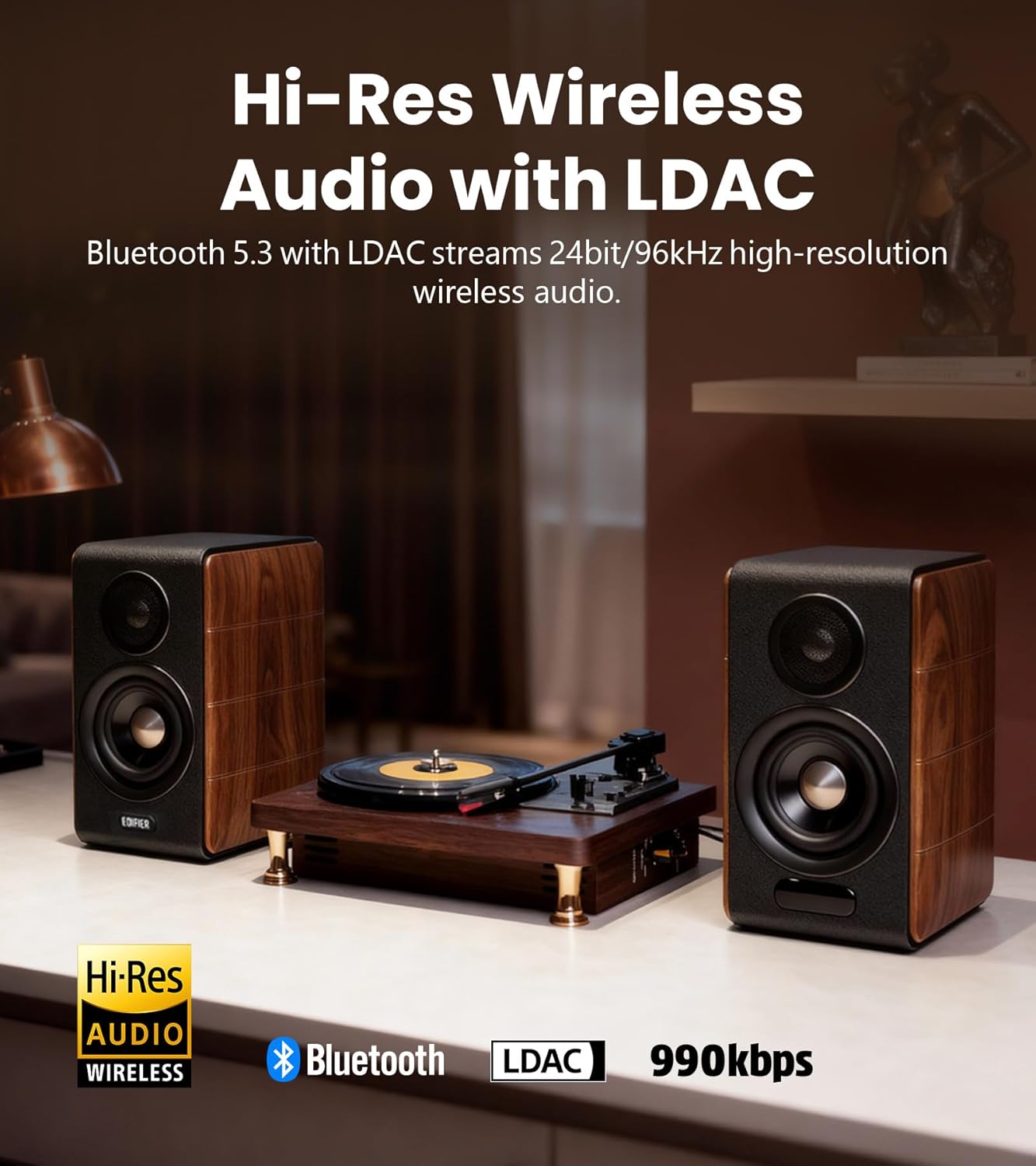Edifier S880DB MKII Hi-Fi Bookshelf Speakers  Premium 2.0 Active Speaker System  88W RMS  Hi-Res Audio with LDAC  Bluetooth/USB-C/Optical/Coaxial/RCA Input  Subwoofer Output  Dark Wood