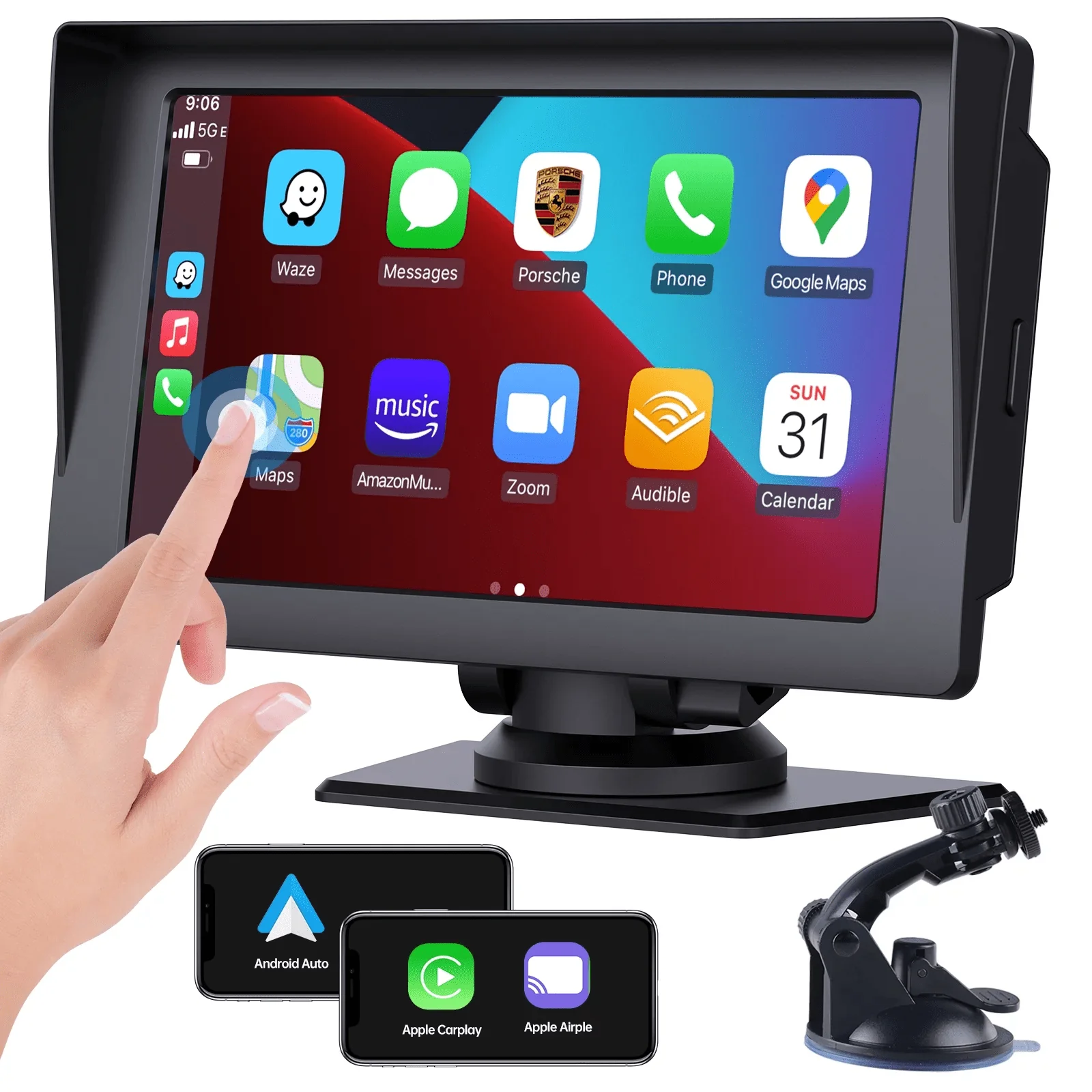 Wireless Apple Carplay Android Auto Car Stereo with Bluetooth, 7'' Touchscreen Carplay Car Radio with Siri, AUX, FM, Multimedia Player, GPS Navigation