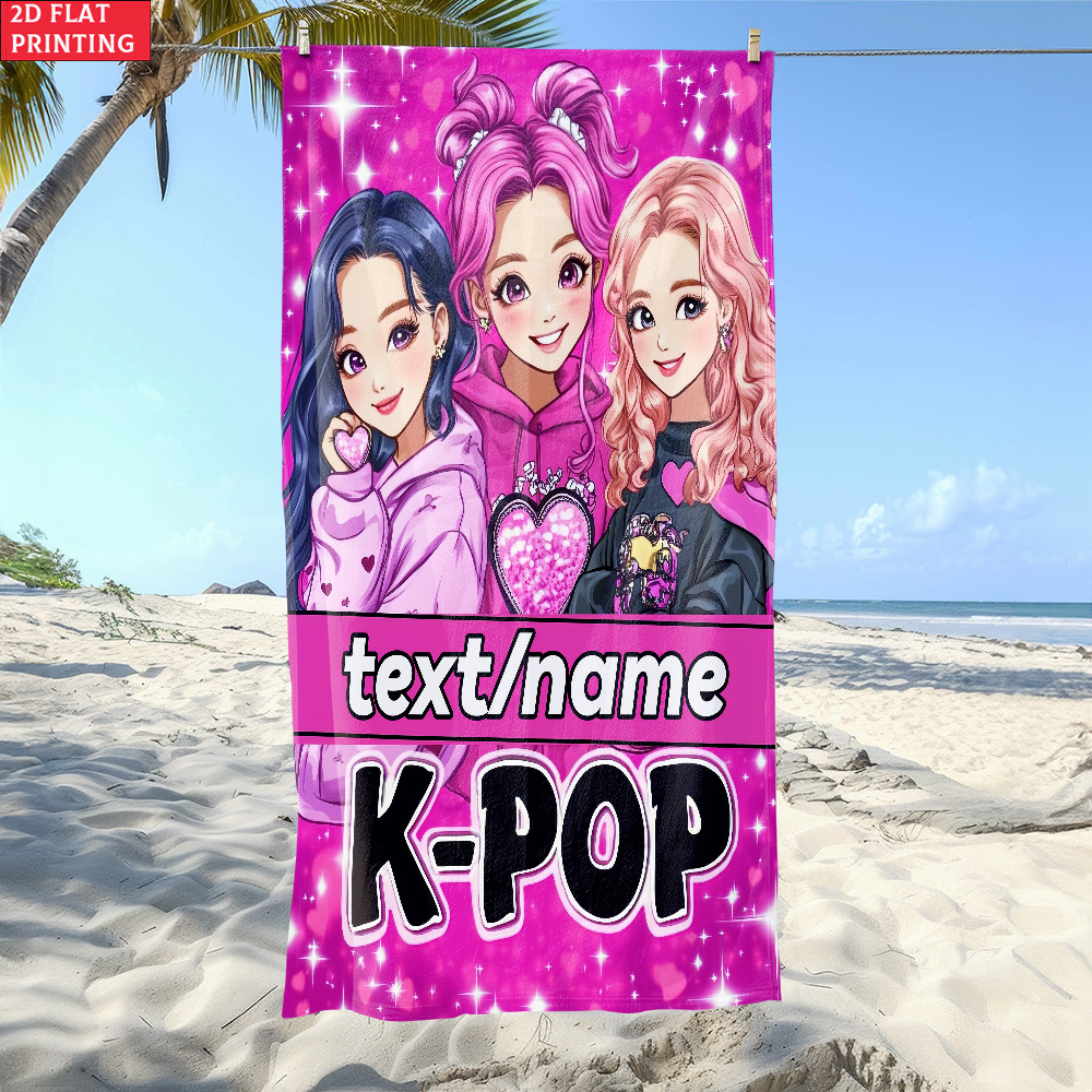 2D Flat Design, 1-Piece Pack, Customizable Name, K-pop Girl Group Pattern Beach Towel - Soft, Super Absorbent Microfiber, Lightweight, Suitable for Beach, Party, Travel, Camping - Beach Accessory - wanlinfang