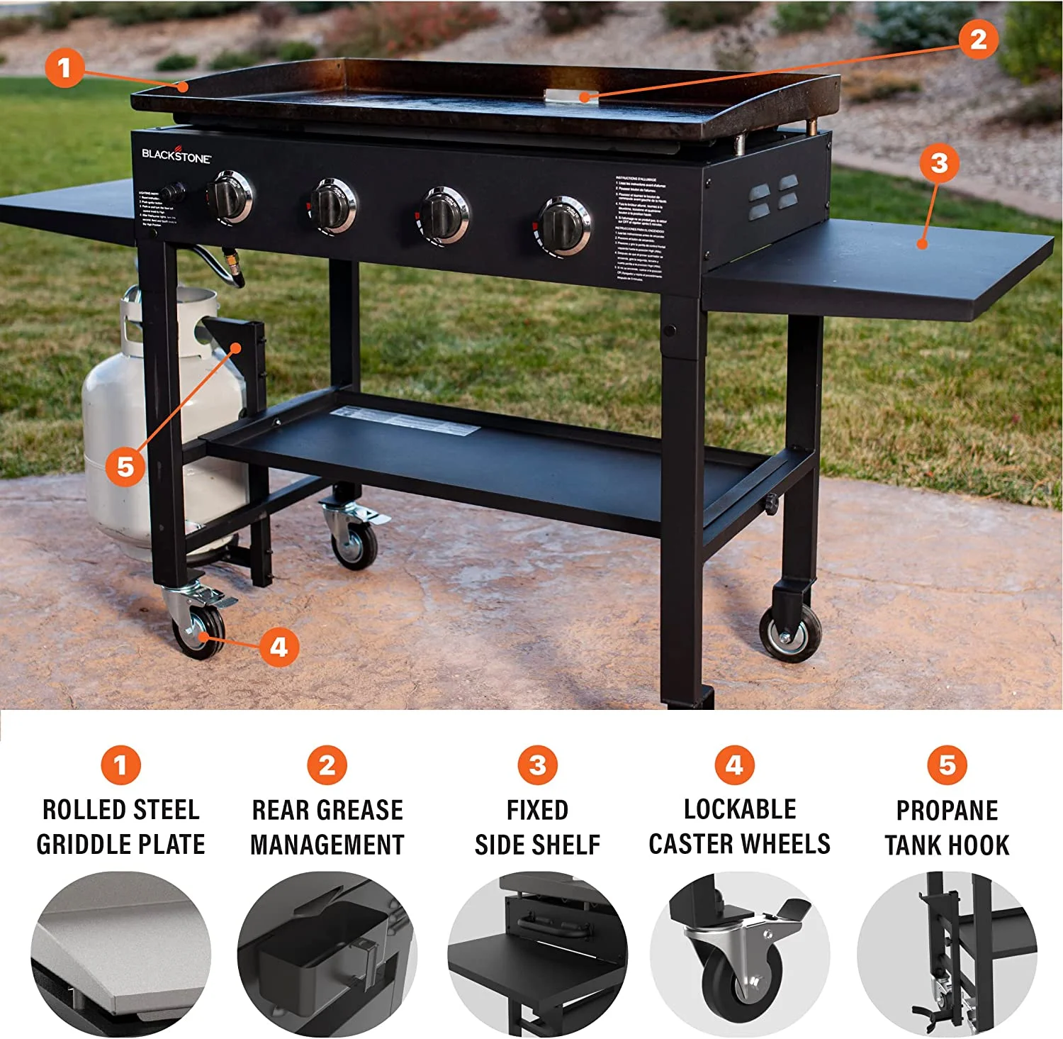 36 Inch Gas Griddle Cooking Station 4 Burner Flat Top Gas Grill Propane Fuelled Restaurant Grade Professional 36�� Outdoor Griddle Station with Side Shelf (1554) Image 2