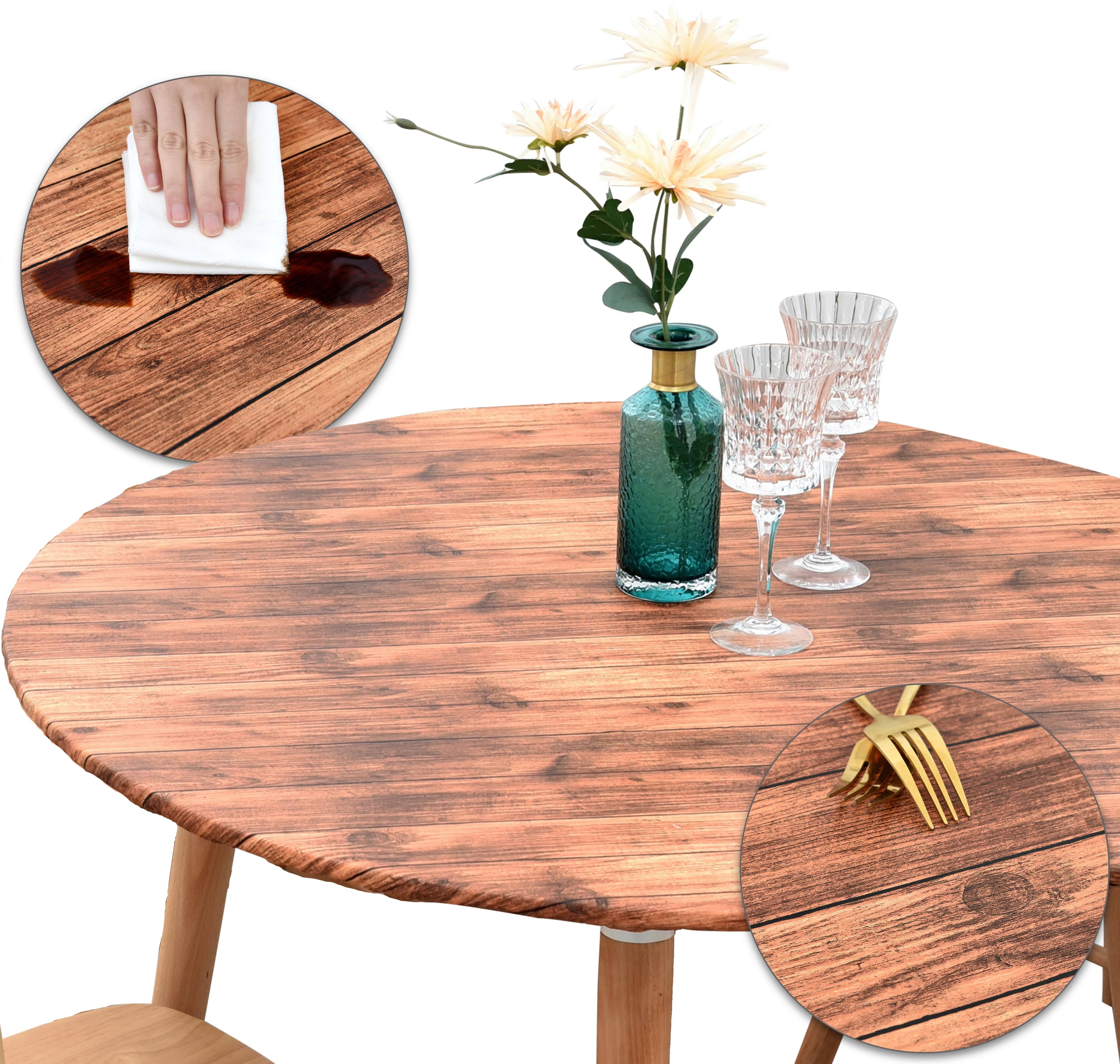 Fondlier Indoor Outdoor Patio Round Fitted Vinyl Tablecloth, Flannel Backing, Elastic Edge, Waterproof Wipeable Plastic Cover, Brown Rustic Barn Wood