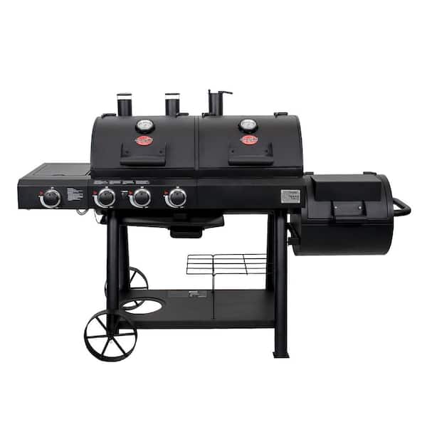 Texas Trio 4-Burner Dual Fuel Grill with Smoker in Black-Instock