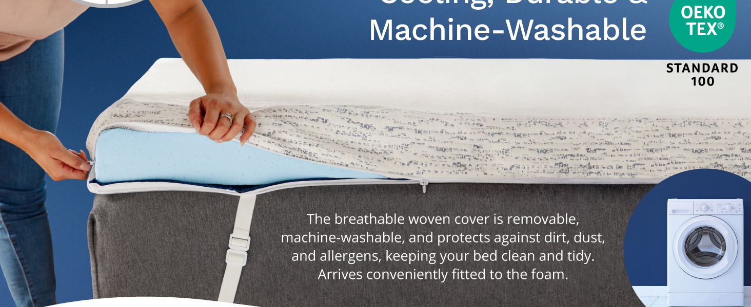 The breathable, removable cover is durable &amp; machine-washable and arrives fitted to the foam.