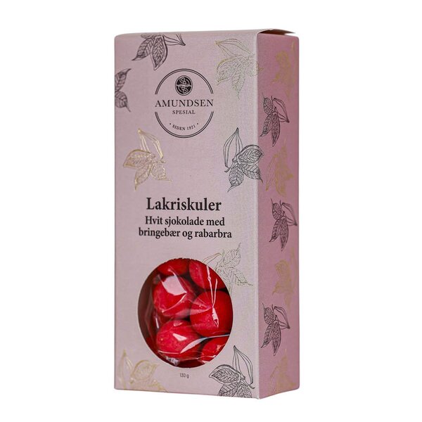 Lakriskuler 130 g hvit sjokolade m/bringebær og rabarbra