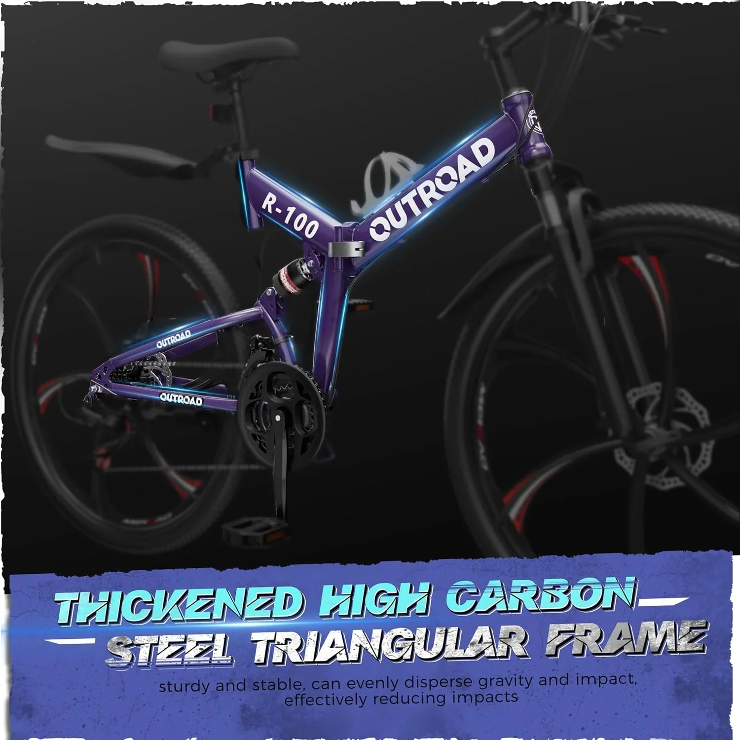 SUNCROWN 26 Inch Folding Mountain Bike, 21 Speed Full Suspension High-Carbon Steel MTB Foldable Bicycle, Dual Disc Brake Non-Slip Folding Bikes for Adults/Men/Women, Black