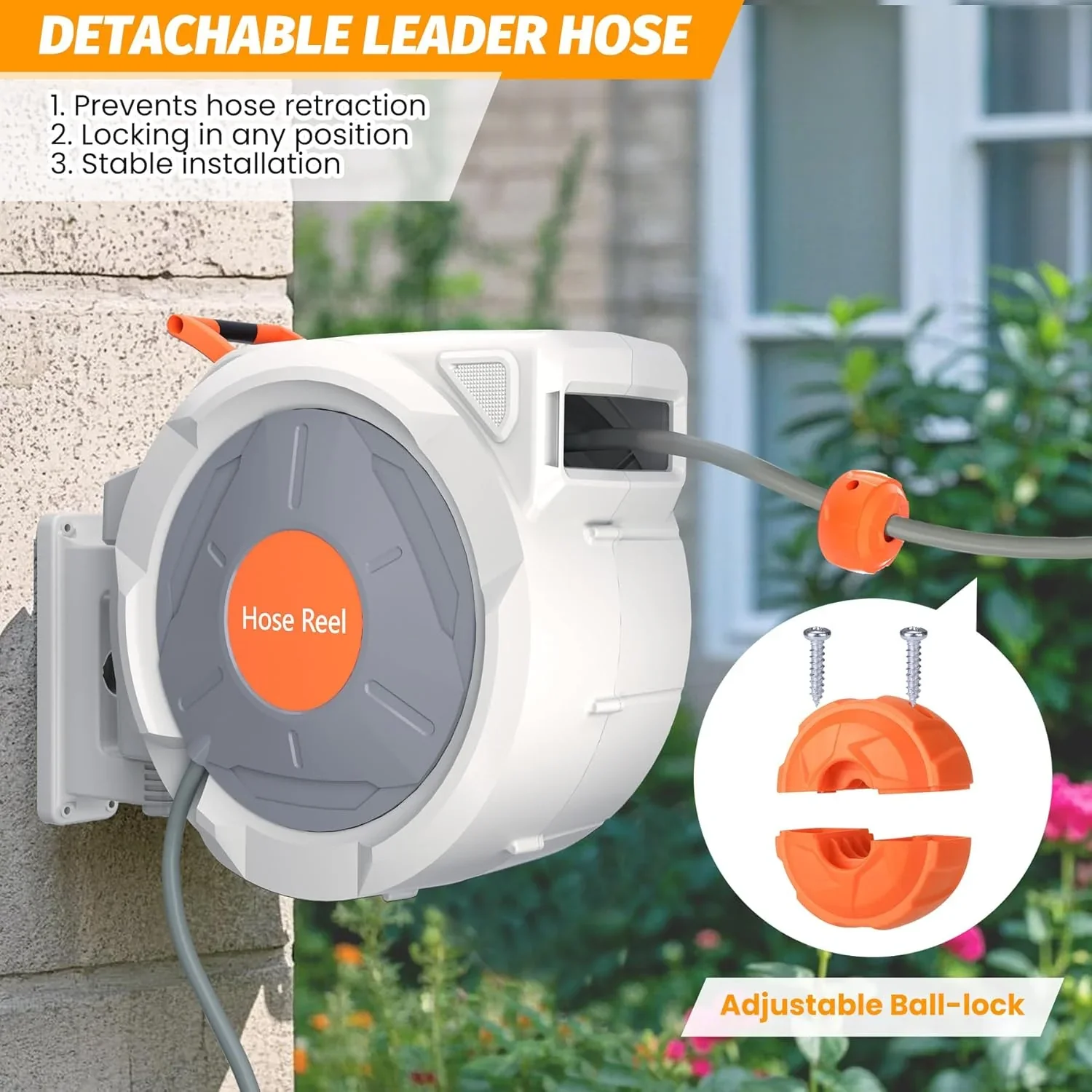 Auto-Retract Wall-Mounted Garden Hose Reel w/9-Pattern Nozzle, 180�� Swivel & Any-Length Lock, 600PSI Durable