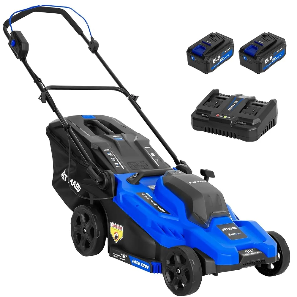 BILT HARD 18in 40V Cordless Electric Lawn Mower 2 x 5.0Ah Batteries, 2-in-1 Brushless Lawnmower, Push Lawn Mower with 6-Position Height Adjustment, Mulching &13 Gallon Bagging Dual Charger
