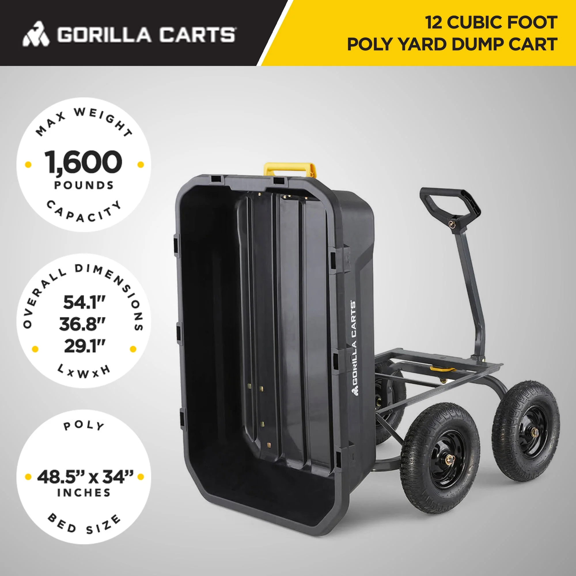 12 Cu Ft Poly Yard Dump Cart with Quick-Release, 1600 lb Capacity, Black - Image 3