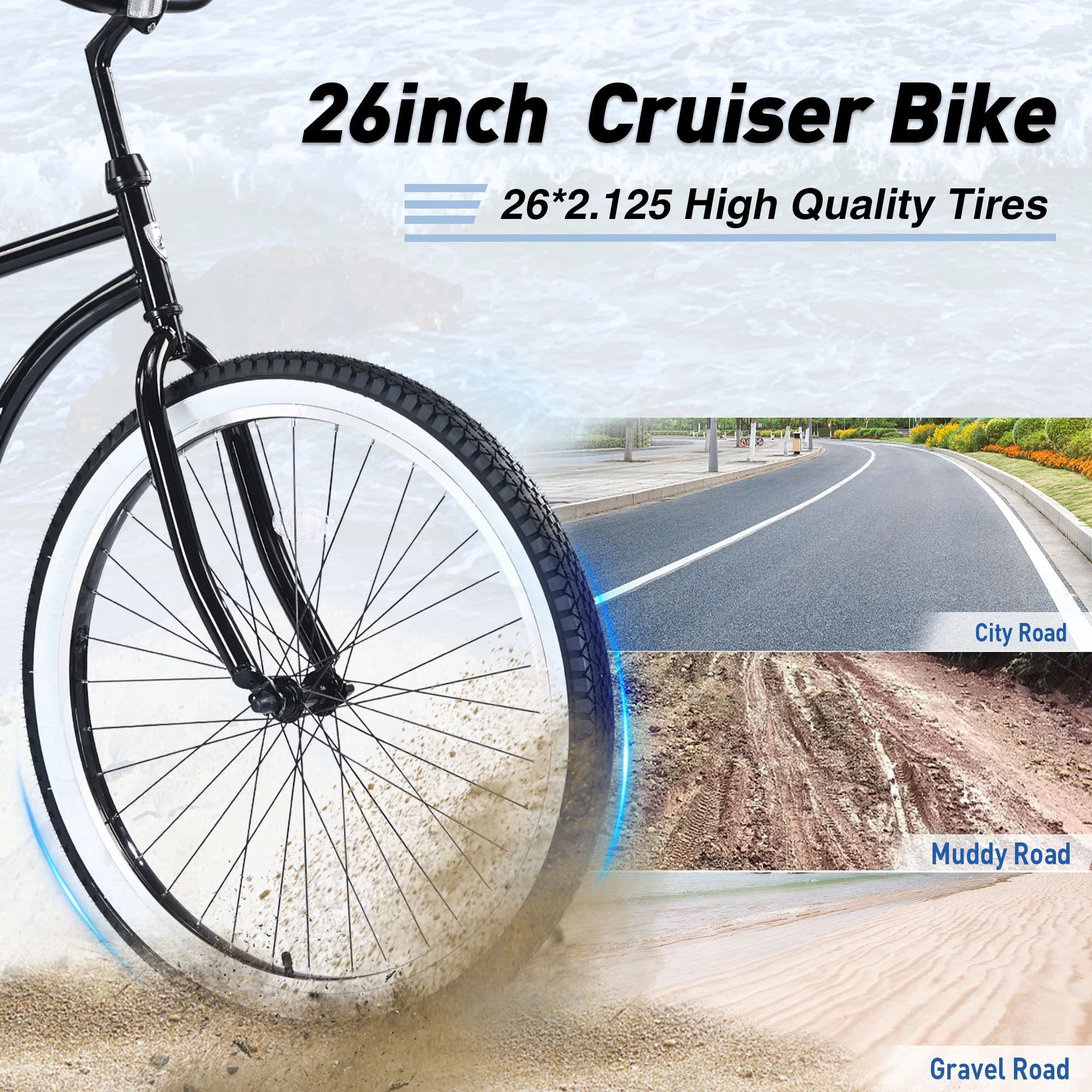 Single Speed Bicycles 26"Inch,Steel Frame,Wide Wheels for Stability,Rear Coaster Brakes,Multiple Colors Men'S Beach Cruiser Bike,Silver+Grey Steel Fitness Sports Sports Outdoor Bikes(17#Silver+Grey,Steel) - Image 10