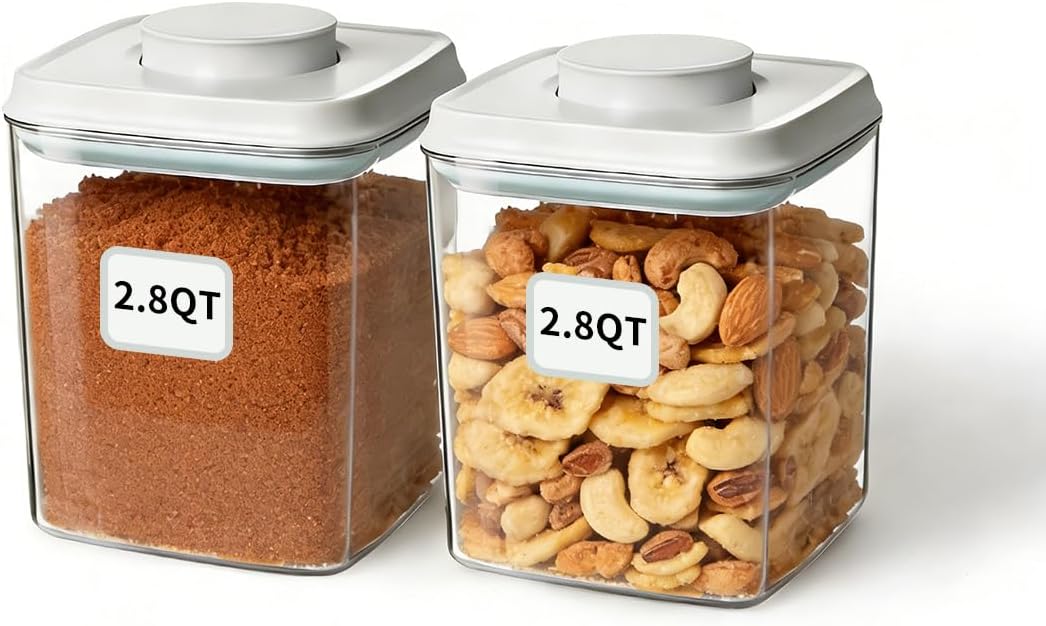Airtight Food Storage Containers Set with One-Touch Lid, 2-Pack (2.8 QT / 2.65 L) Stackable PET, Best for Cereal, Flour, Rice & Baking Organizers