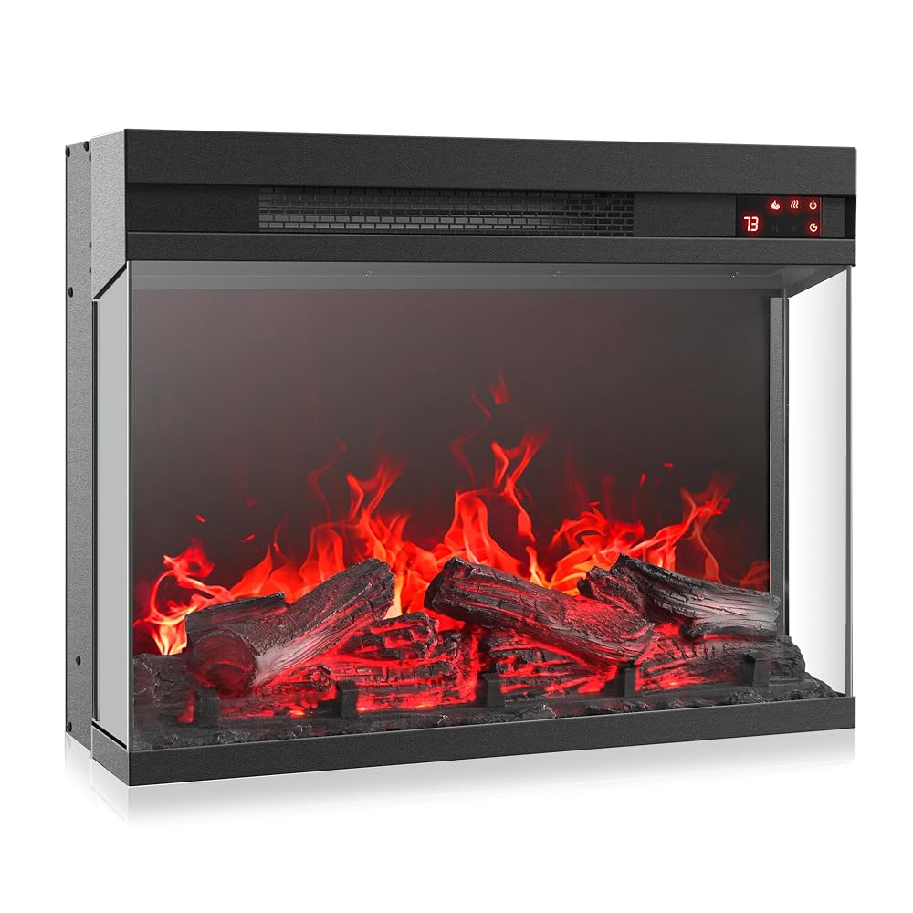 BELLEZE 23" Electric Fireplace with Realistic Crackling Sound, 3-Side Glass Display Fireplace Heater, Adjustable Timer & LED Flame Lights, Freestanding Indoor Fireplace for Bedroom, Living Room