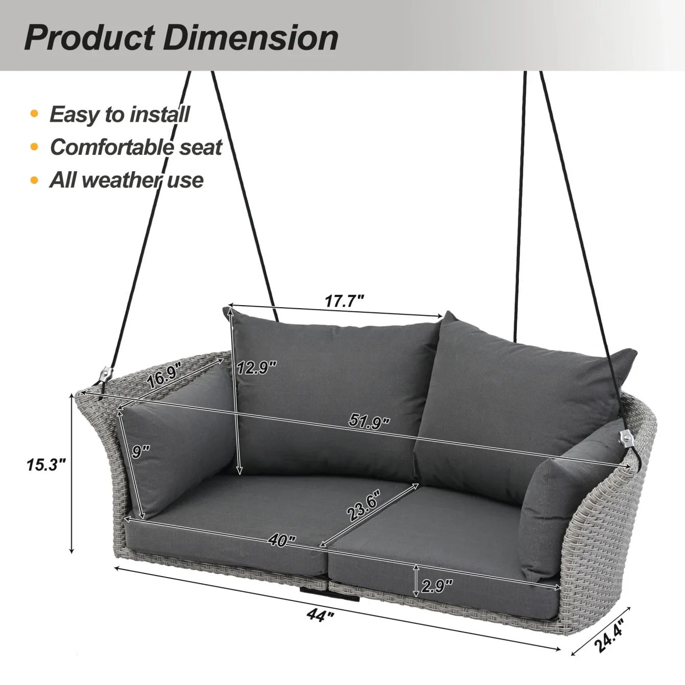 2-Person Porch Swing, 51.9 Patio Swing, Rattan Woven Porch Swings Outdoor with Ropes, Gray Wicker and 2 Back Cushions Capacity 500lbs for Garden, Balcony, Living Room