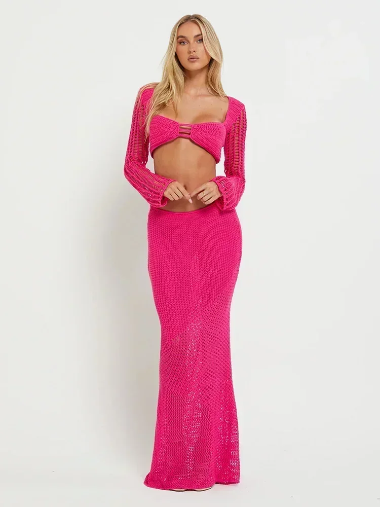 Ensemble jupe maxi 2 pièces en crochet pour femme avec haut à manches longues et découpe