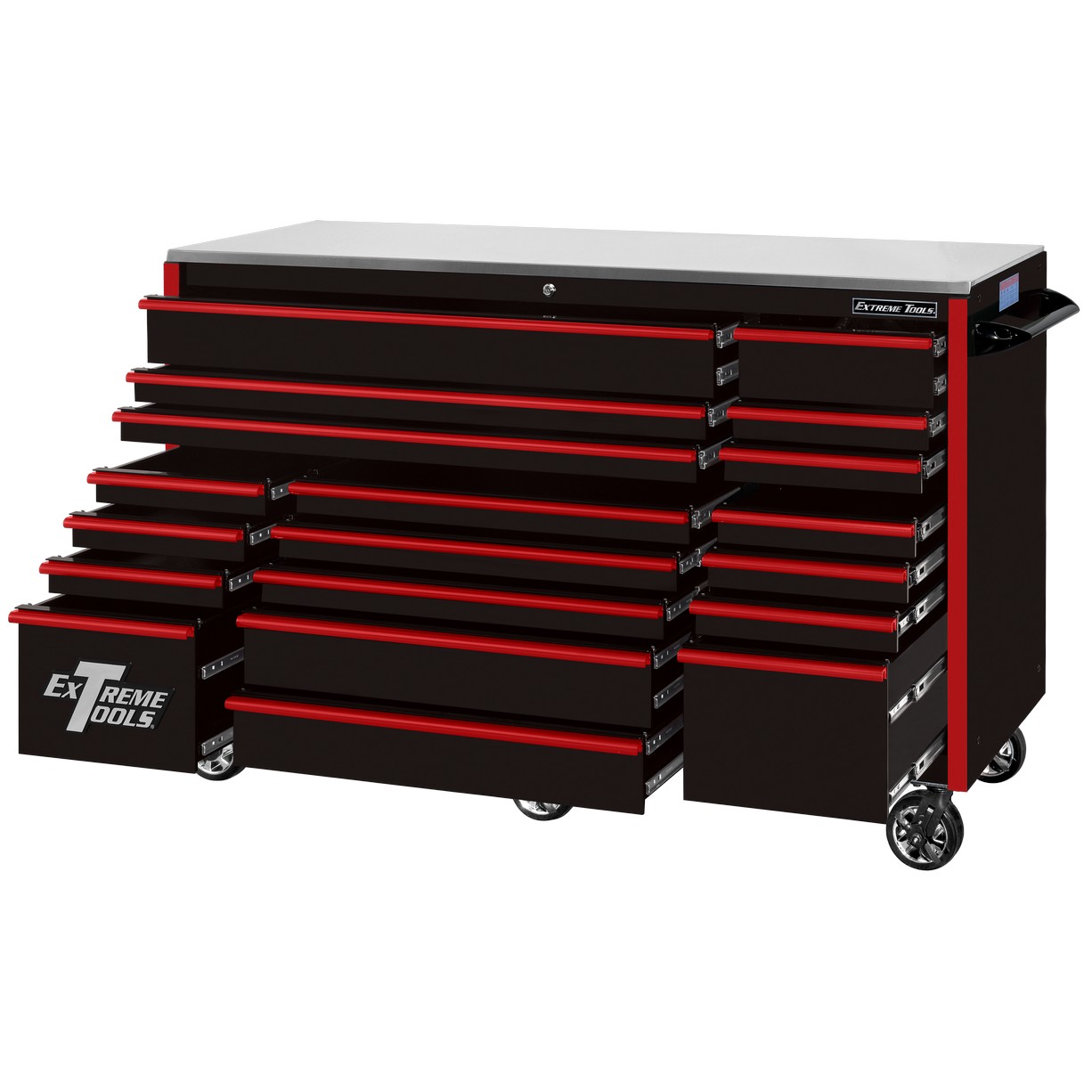 Servante d'atelier à roulettes Extreme Tools 72″ x 30″, 19 tiroirs avec glissières de 113 kg (250 lb), série RX 250
