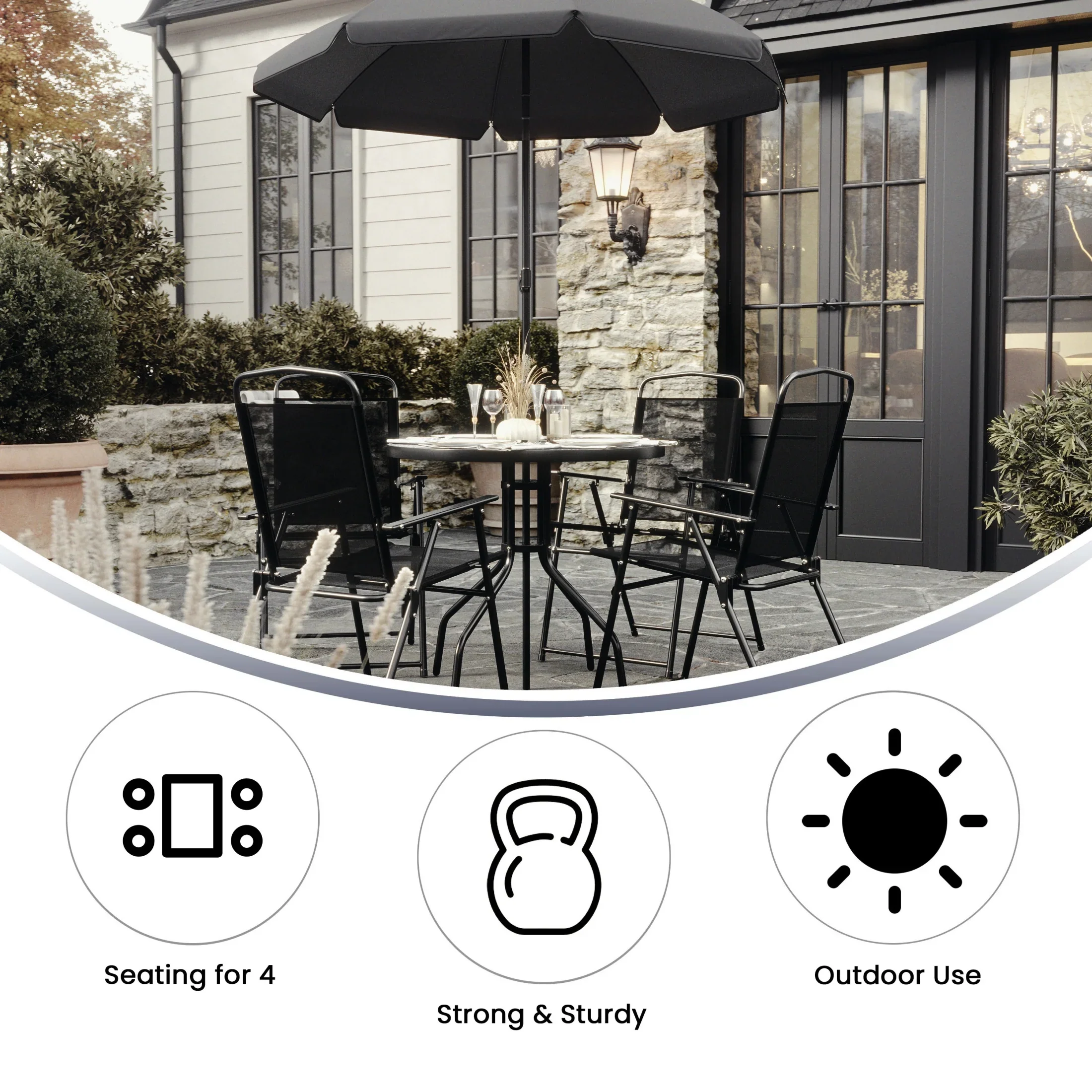 Flash Furniture Nantucket 6 Piece Black Patio Garden Set with Umbrella Table and Set of 4 Folding Chairs