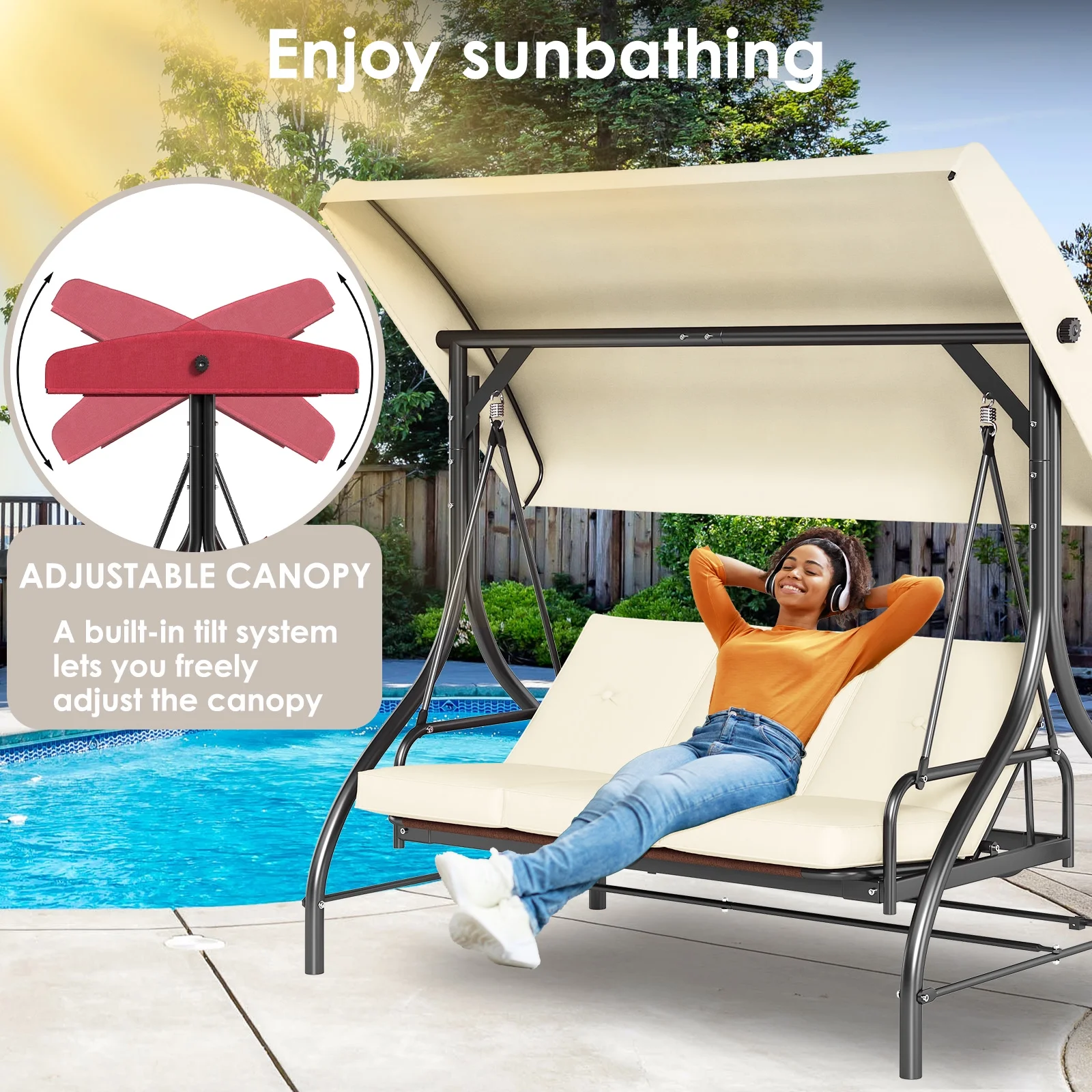 3 Person Porch Swing Outdoor Converting Canopy Swing Glider with Canopy(Beige) - Image 9