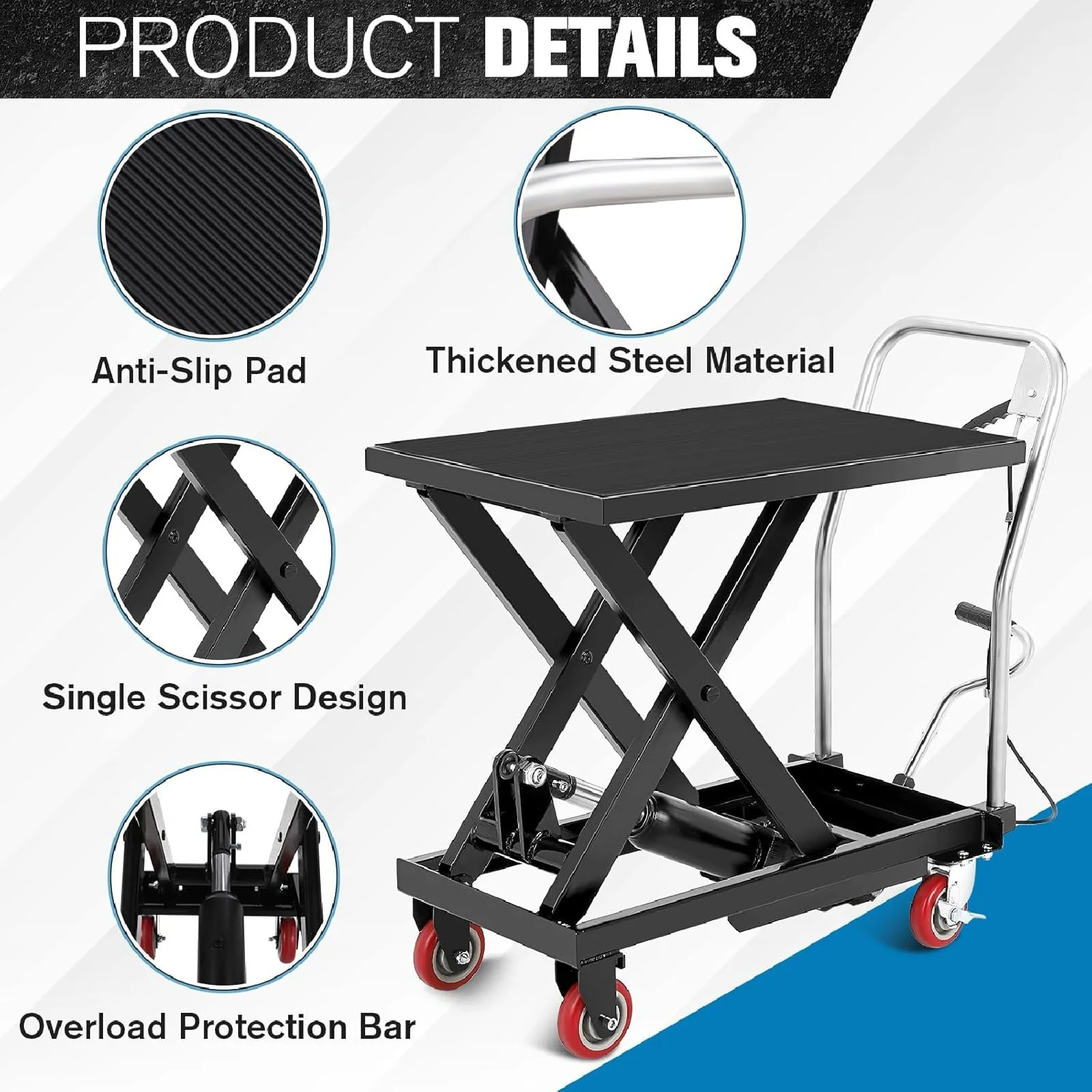 M Optimized Hydraulic Lift Table, 500 lb Capacity Hydraulic Table Cart, Single Scissor Lift Cart 28.5 in Lifting Height with 4 Wheels and Non - Slip Pad for Material Handling, Black