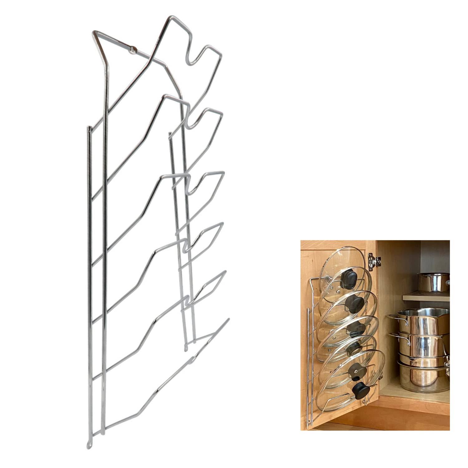 Evelots Pot Lid Storage-Cabinet Door/Wall-Organizer-6 Pot/Pan Covers-Chrome
