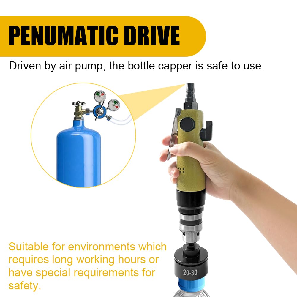 Handheld Pneumatic Bottle Capper, 2500 RPM Air Screw Sealer 20-40mm | Replacement for manual sealing tasks in workshops. Compatible with 20-40mm plastic caps. Requires 5-6KG/cm³ air compressor