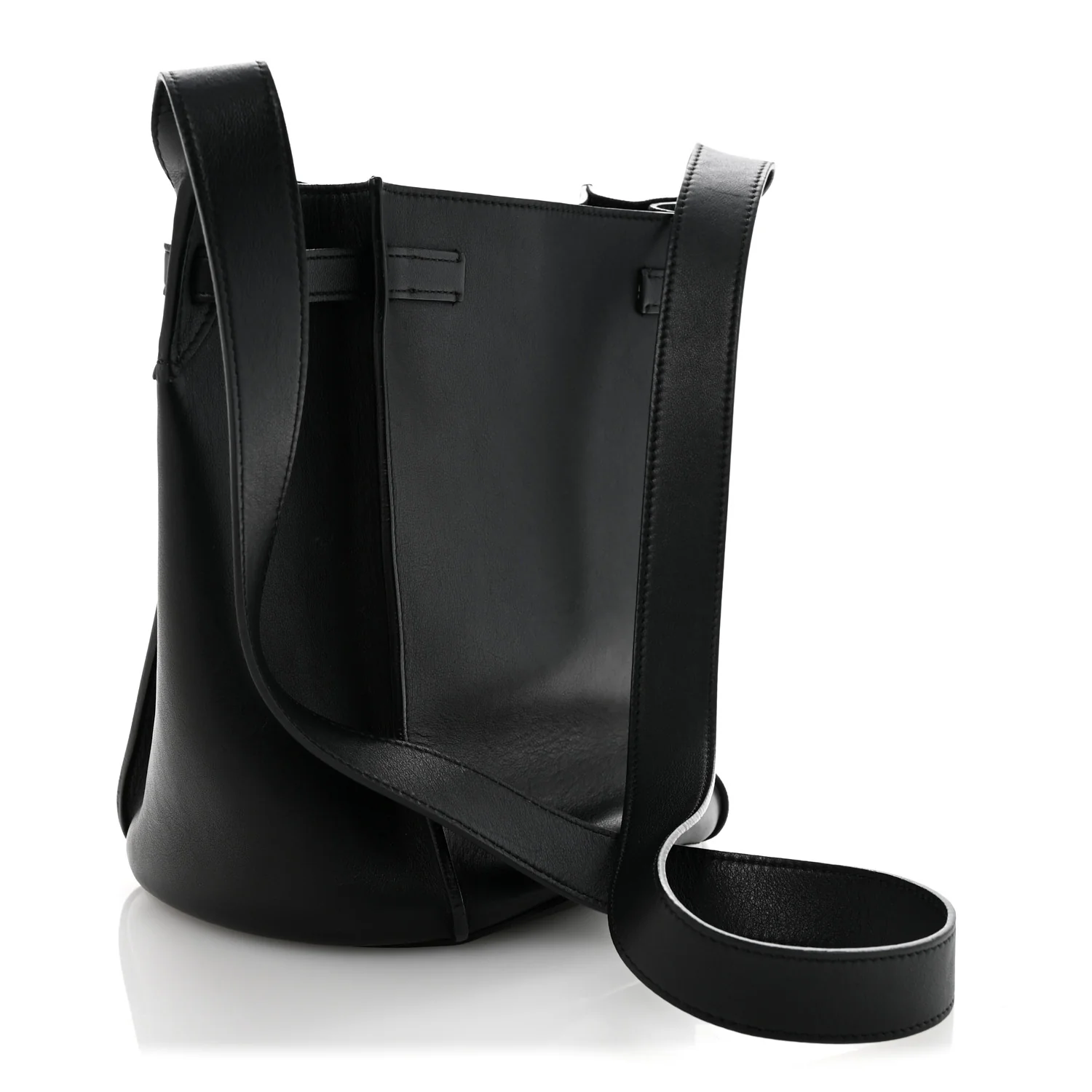 Supple Grained Calfskin Long Strap Big Bag Bucket Black