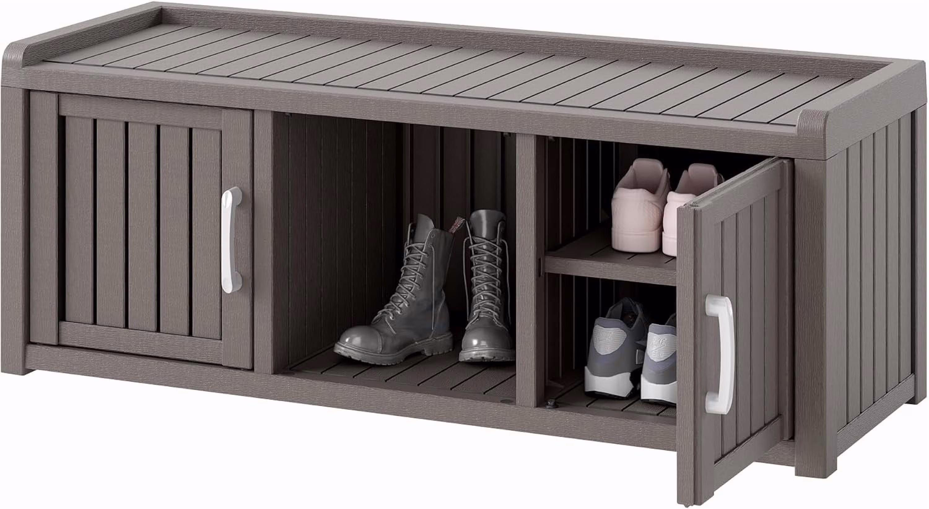 Outdoor Shoe Storage Cabinet, Waterproof UV-Resistant Entryway Storage Bench Indoor Outdoor with 2 Barn Doors, Adjustable Shelves for Entryway, Bedroom, Hallway,Living Room(Black)(Double Door/Black) - Image 3