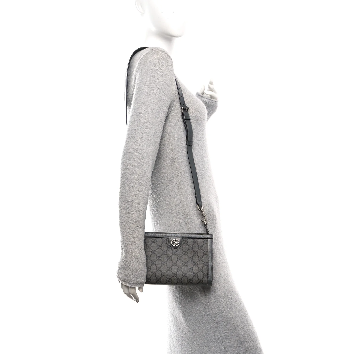 GG Supreme Monogram Textured Dollar Calfskin Web Small Ophidia Shoulder Bag Grey Black Graphite Grey