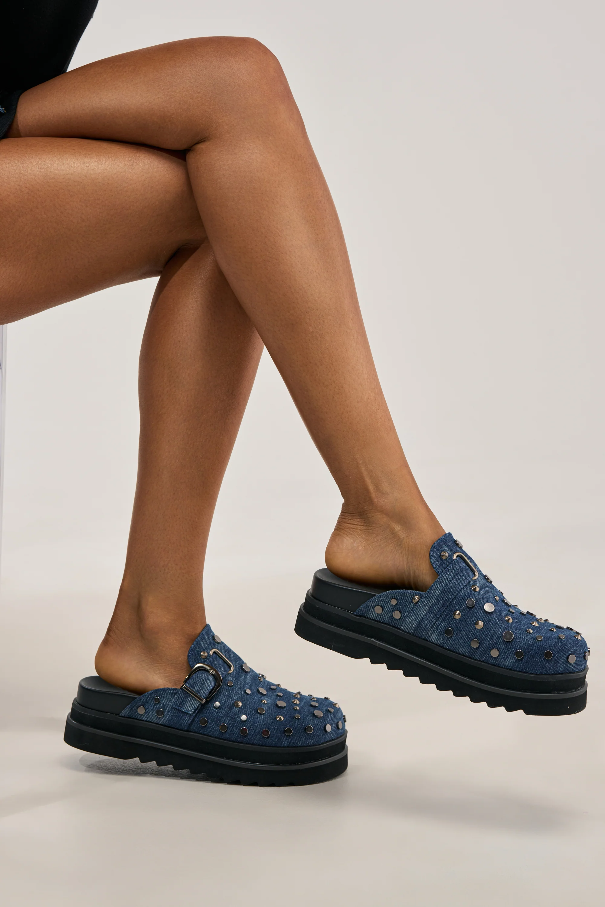 AKIRA GOLD BILLIANNA DENIM FLAT CLOG WITH HARDWARE - Akira Store