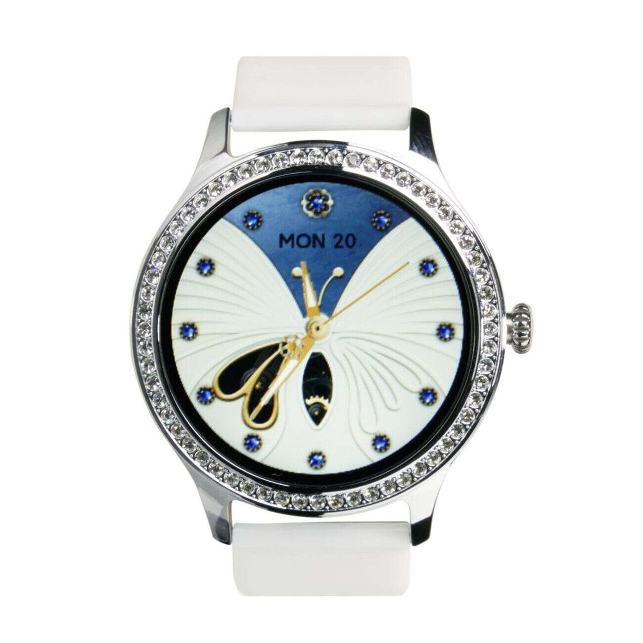 Montre connectée ronde strass bracelet silicone Ø5cm (2 modèles blanc ou rose)