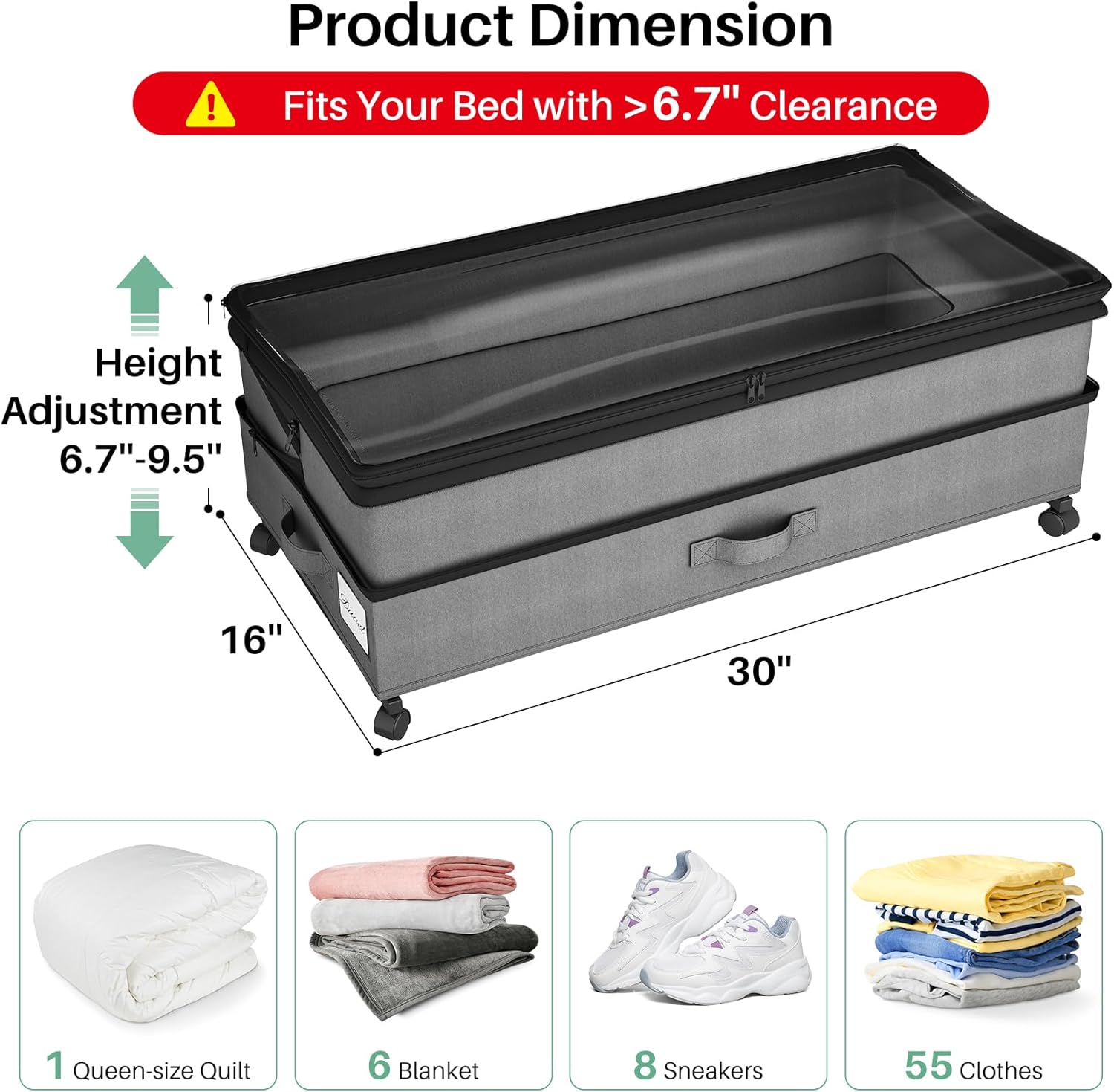 Kitstorack Under Bed Storage with Wheels 2-Pack Height-adjustable Under Bed Storage Containers, Under Bed Shoe Storage Organizer with Clear Window & Label, Suitable for Clothes Storage, Gray