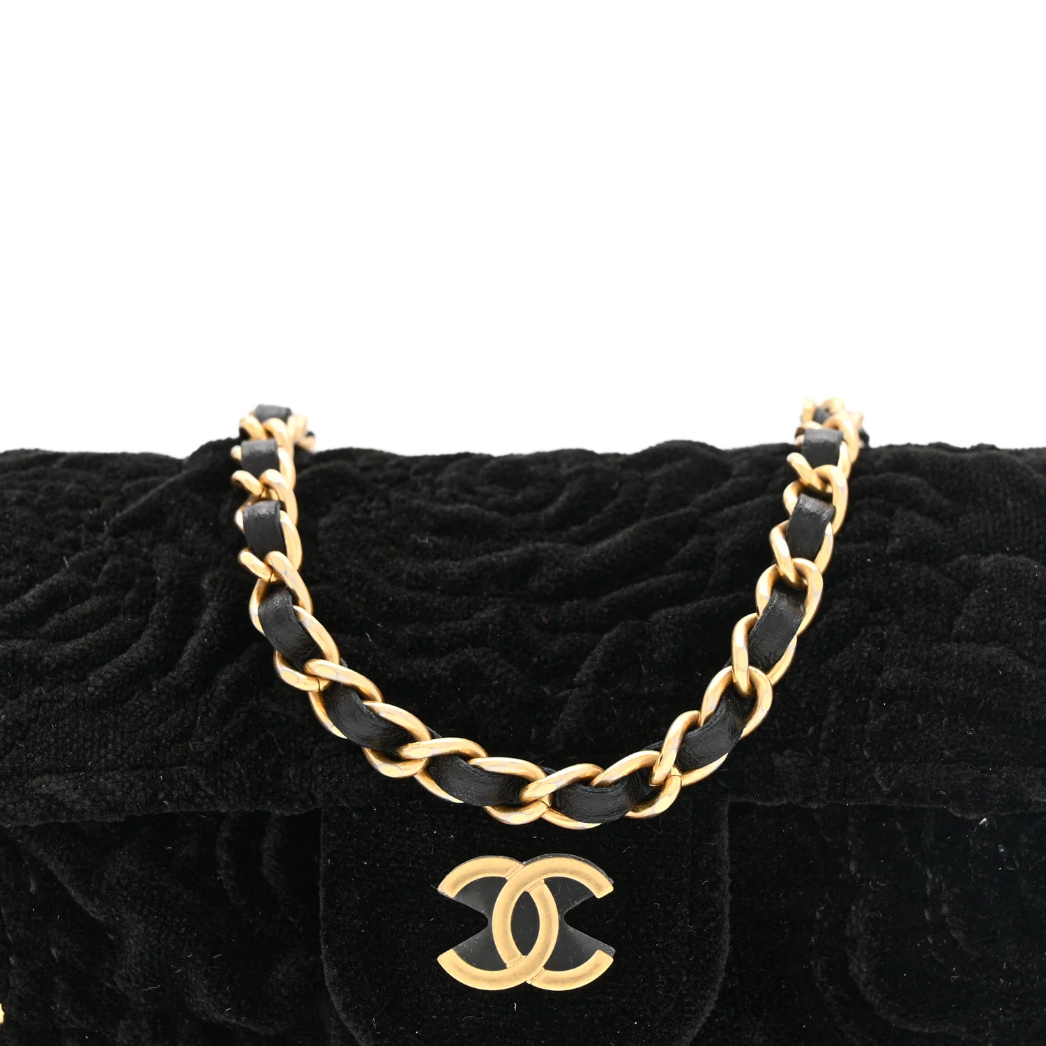 Velvet Camellia Embossed Jewel Belt Card Holder With Chain Black