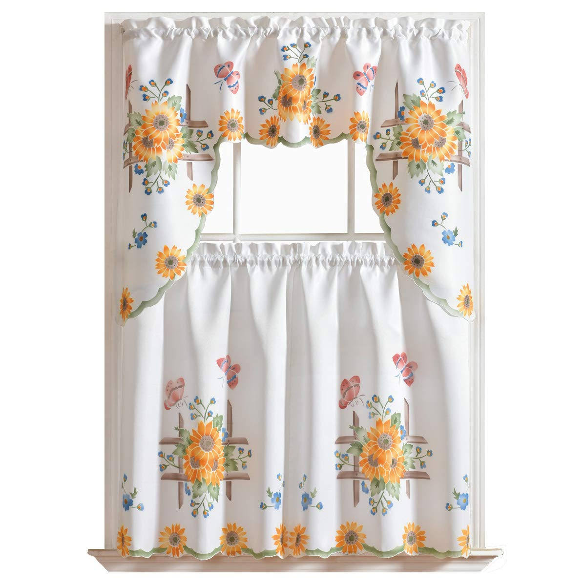 GOHD Golden Ocean Home Decor 3pcs Kitchen Cafe Curtain Set Air Brushed by Hand of Sunflower and Butterfly Design On Thick Satin Fabric (Swag and 36