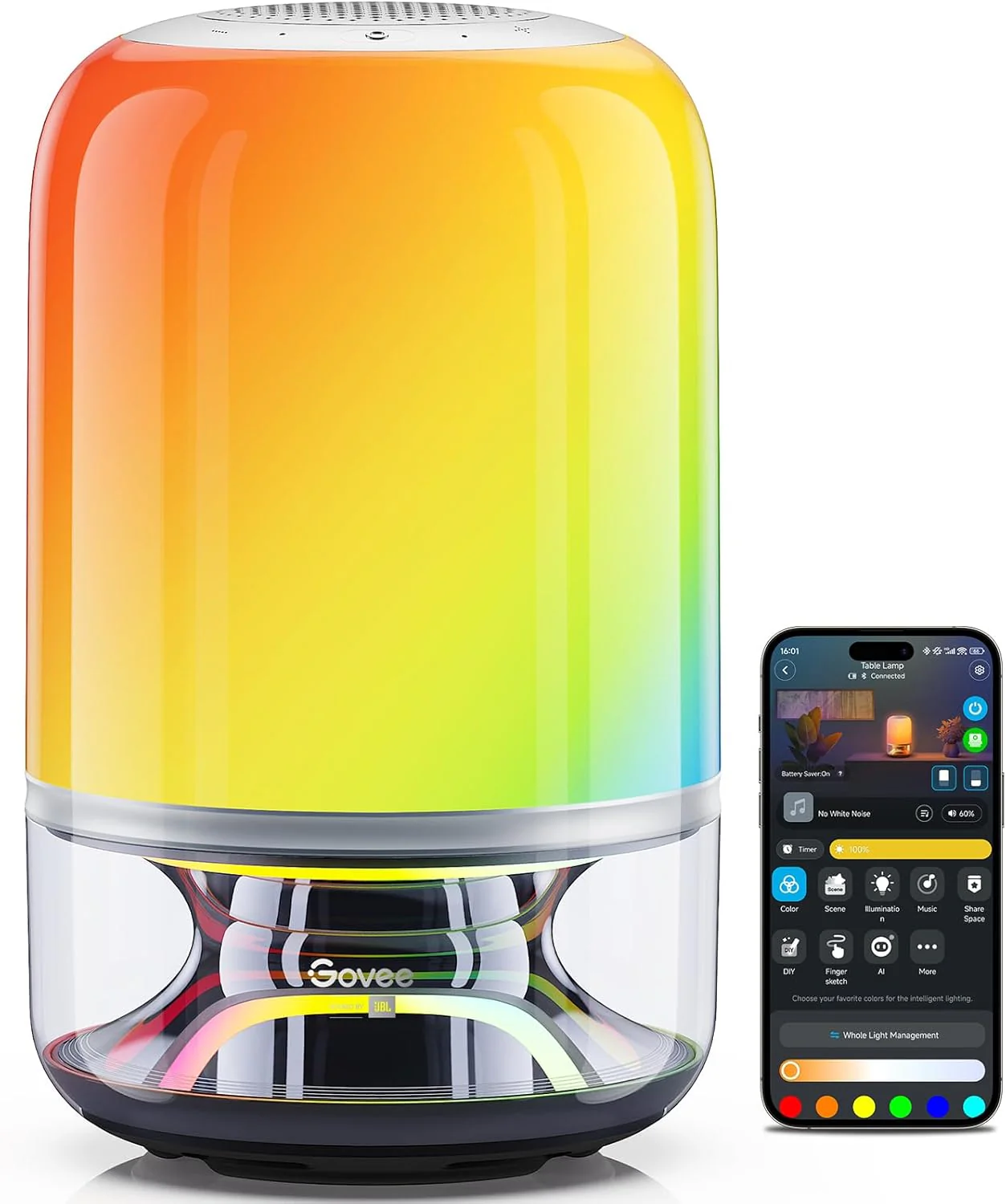 Smart Wireless Desk Lamp with Speaker, Music Sync, 16 Modes, 100+ Scenes, Matter Compatible, Rechargeable Bedside Lamp