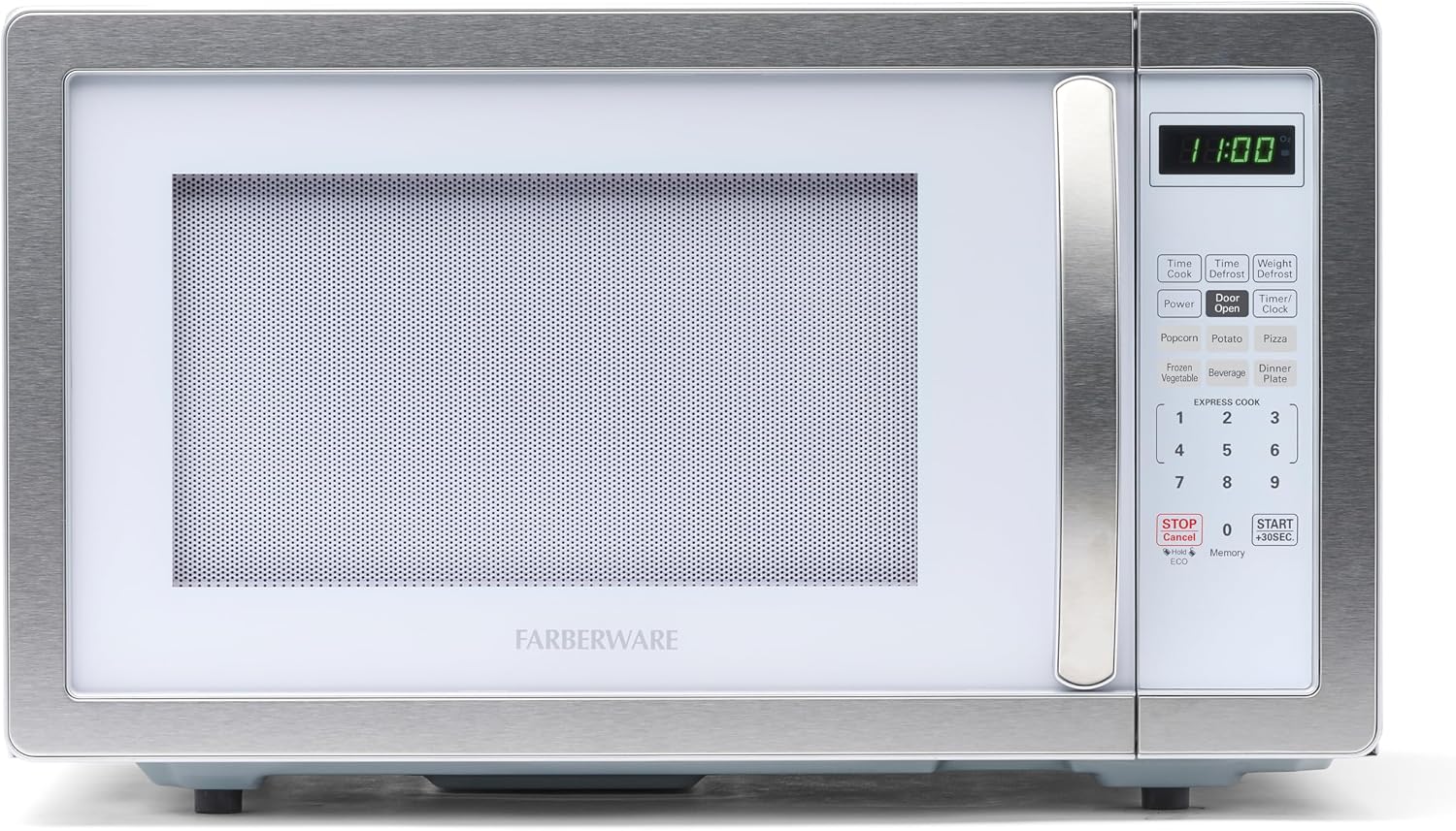 Farberware 1.1 Cu Countertop Microwave Oven – 1000 Watts Power, Auto Cook Settings, Defrost, Easy Clean and Child Safety Lock - White Platinum