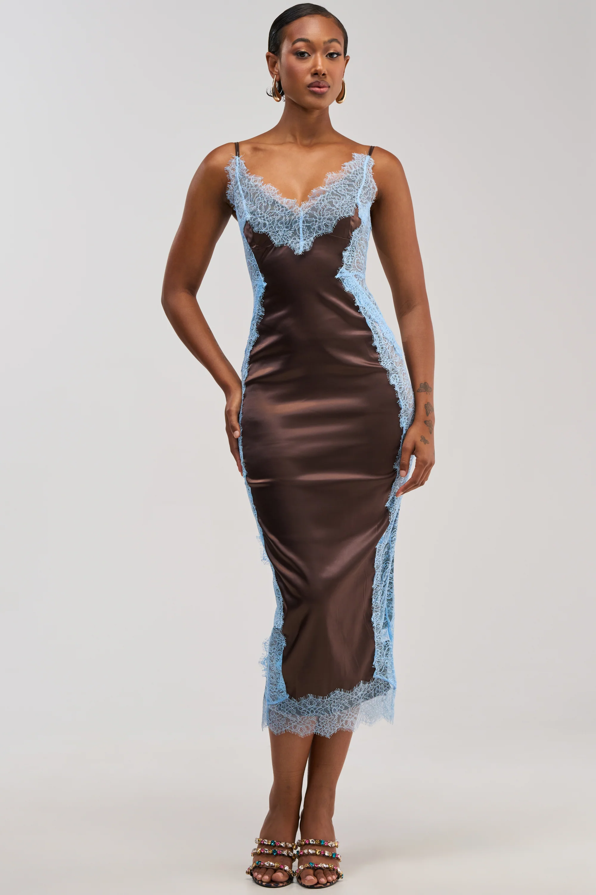 ESSENTIAL LACE TRIM SATIN SLEEVELESS MAXI DRESS IN BROWN - Akira Store
