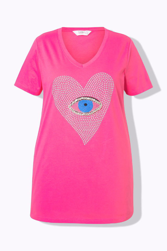 Half-sleeve rhinestone heart-eye T-shirt
