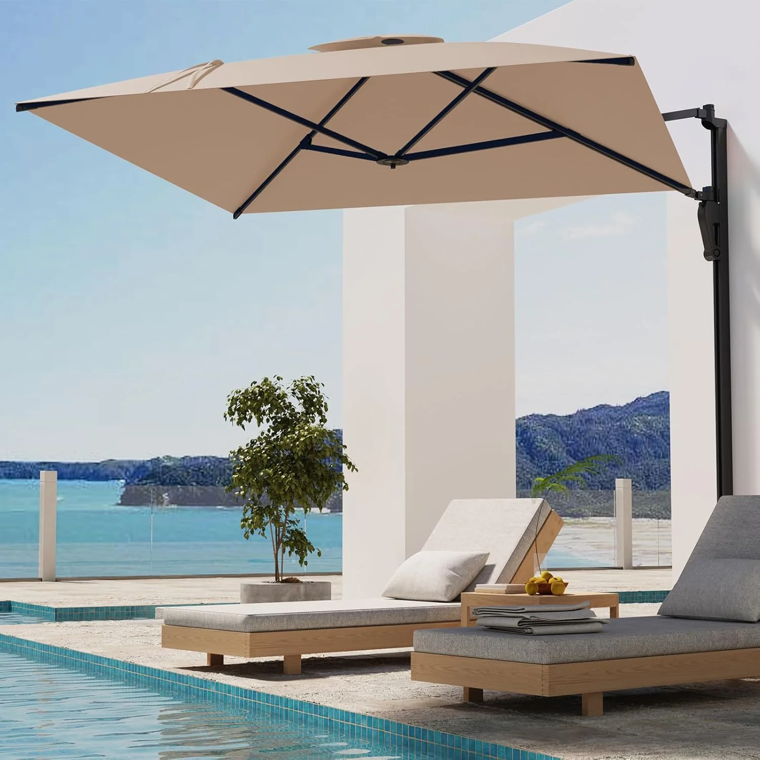 AECOJOY 10ft Cantilever Patio Umbrella, Large Rectangle Umbrella 180° Rotation Offset, Beige