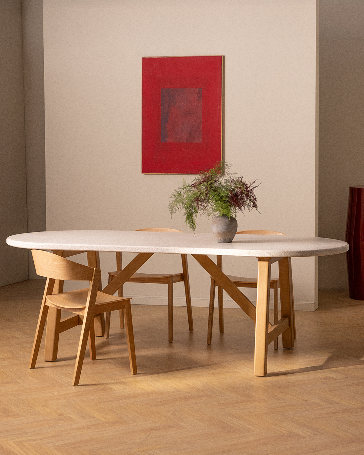 Mirena - Mesa de Comedor Ovalada de Terrazo y Madera de Acacia (230x100 cm) Mirena
