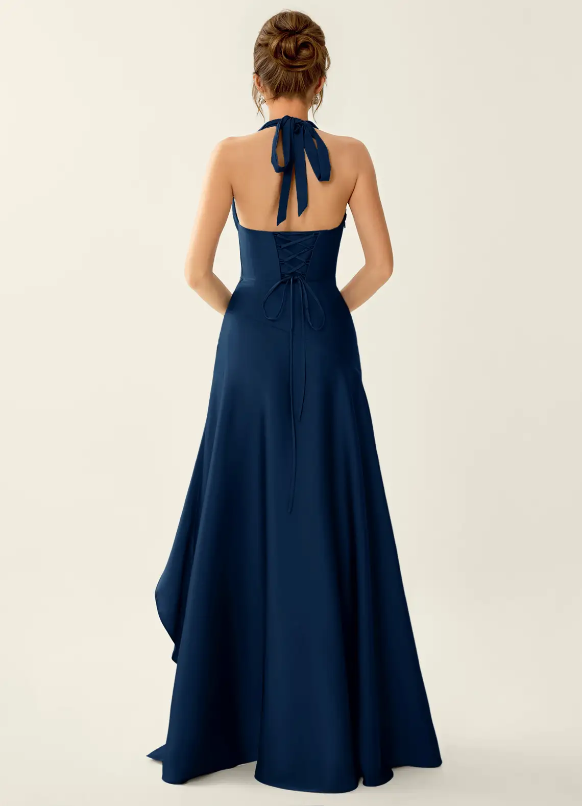Titania Navy Satin V-neck Ruffled Prom Dress