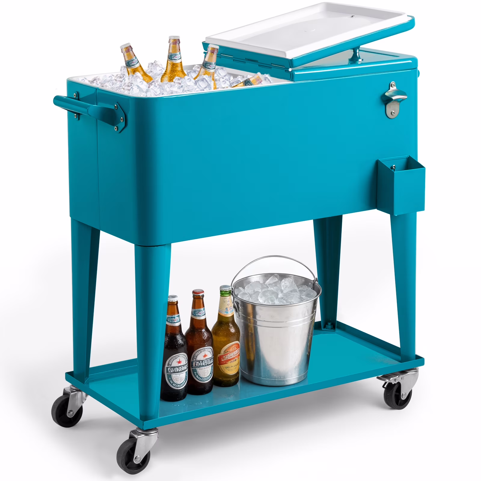 80 Qt Rolling Ice Chest Cooler Cart Outdoor Trolley with Storage Shelf, Bottle Opener Cap Collector for 48 Hour Cold Drinks,Lemon Yellow(Lemon Yellow) - Image 5