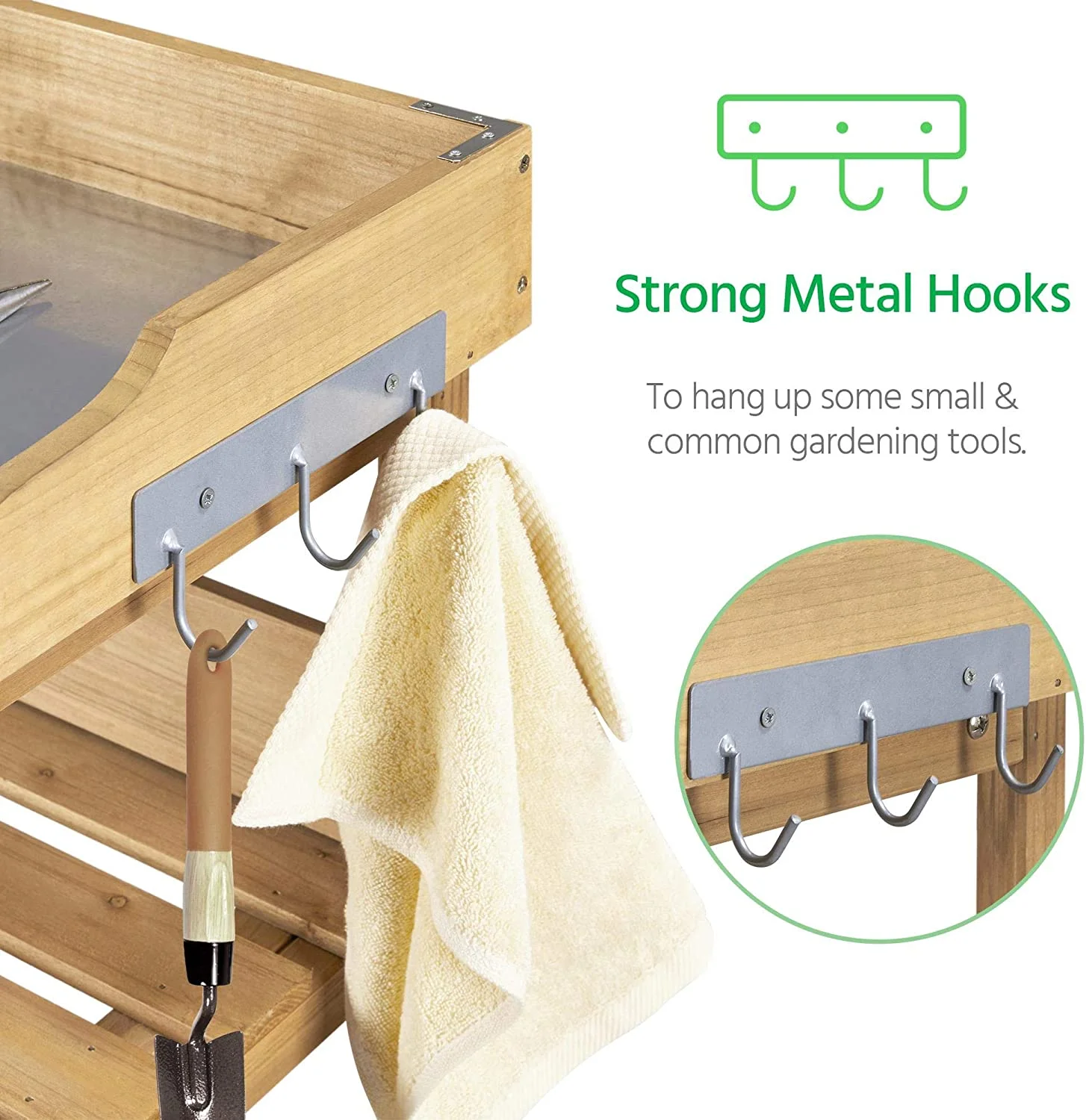 Outdoor Garden Potting Bench Table Wooden Horticulture Planting Worstation w/Metal Tabletop/Storage Shelf/3 Hooks, Natural Wood - Image 6