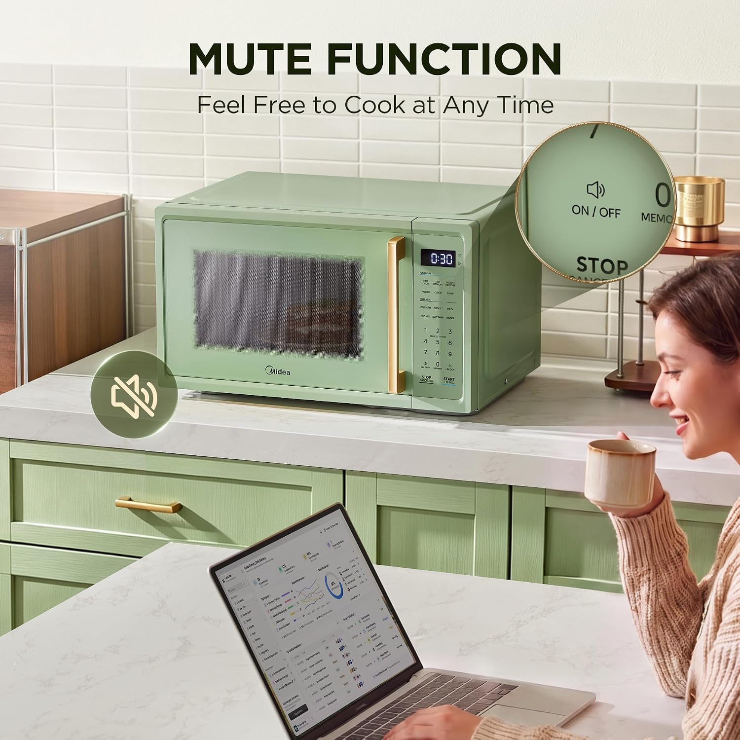 Midea Retro Countertop Microwave, 1.1 CuFt, 1000W, 6 Presets, Sage Green