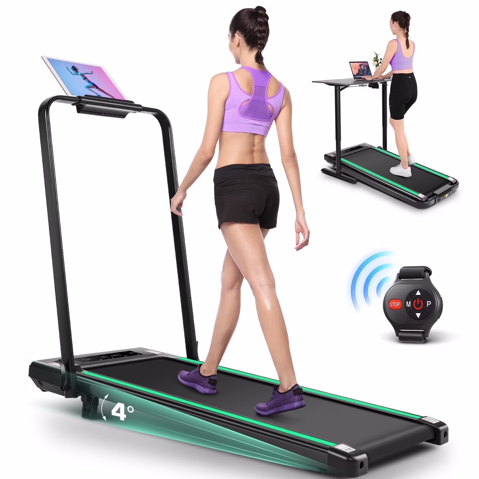 2 in 1 Walking Pad Treadmill with Incline, 2.5HP Under Desk Treadmill with Handle Remote Control LED Touch Screen for Home Office Workout, 300lbs Weight Capacity Black Green(A-98-G)