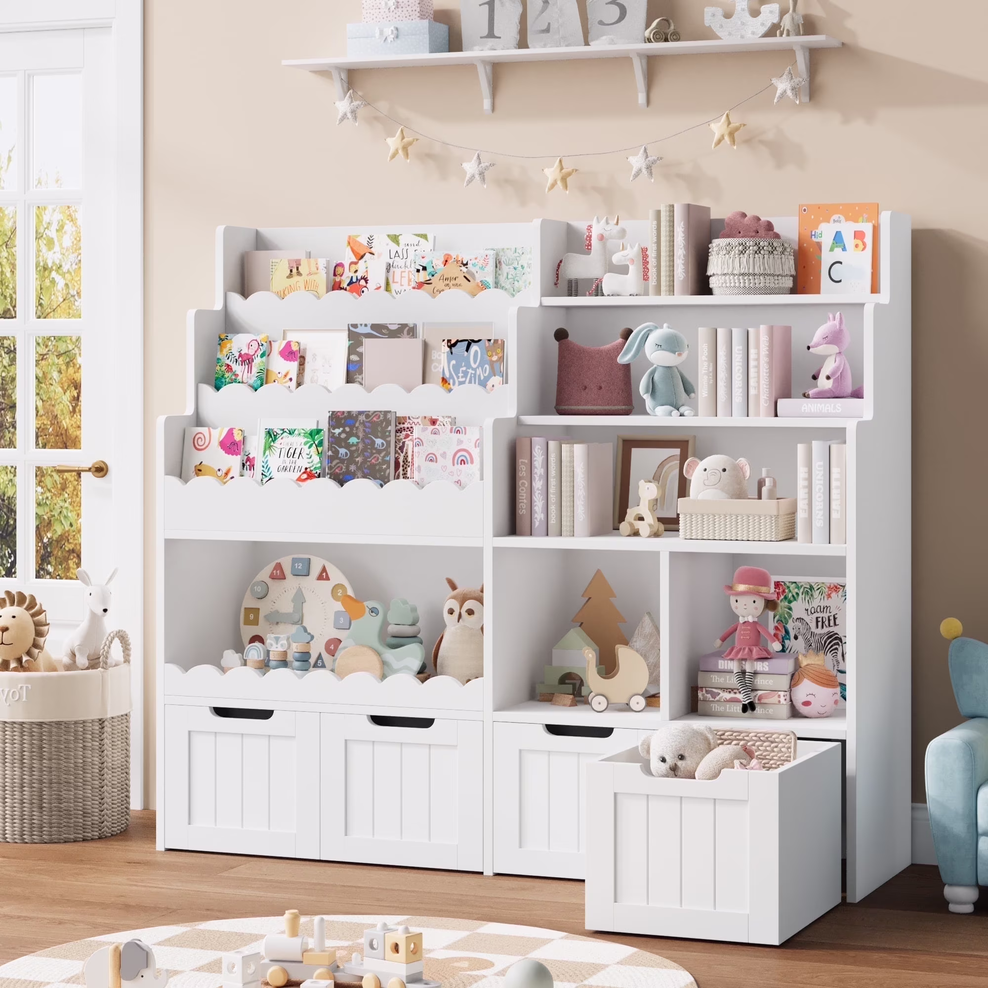 47"Wide Large Kids Bookcase, Wood Bookshelf Toy Storage Organizer with Book Rack Movable Boxes, White Bookshelf for Kids Room(White)