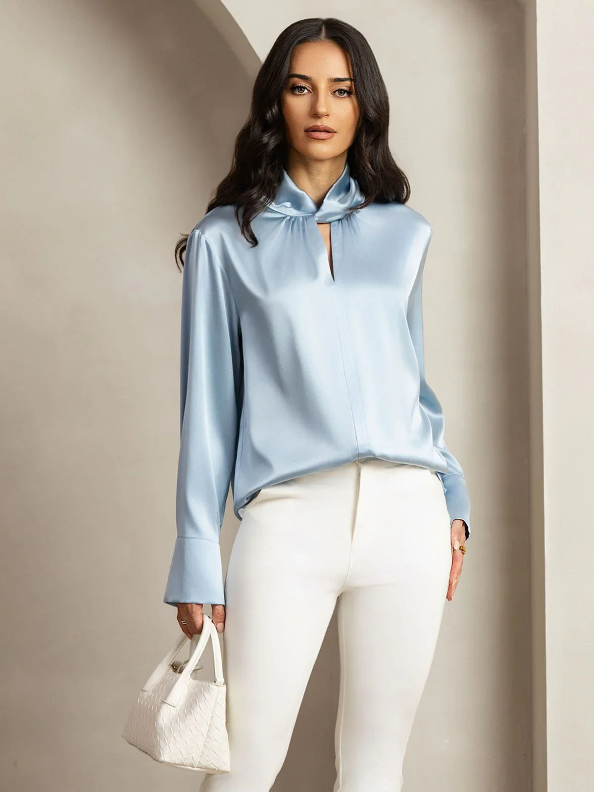19Momme Silk Keyhole Neck Blouse with Pearl Buttons
