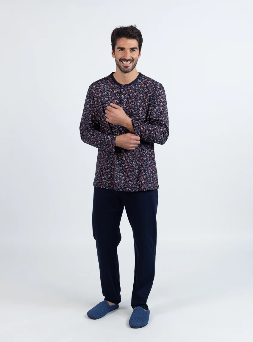Pyjama homme en coton  imprimé feuilles rouges