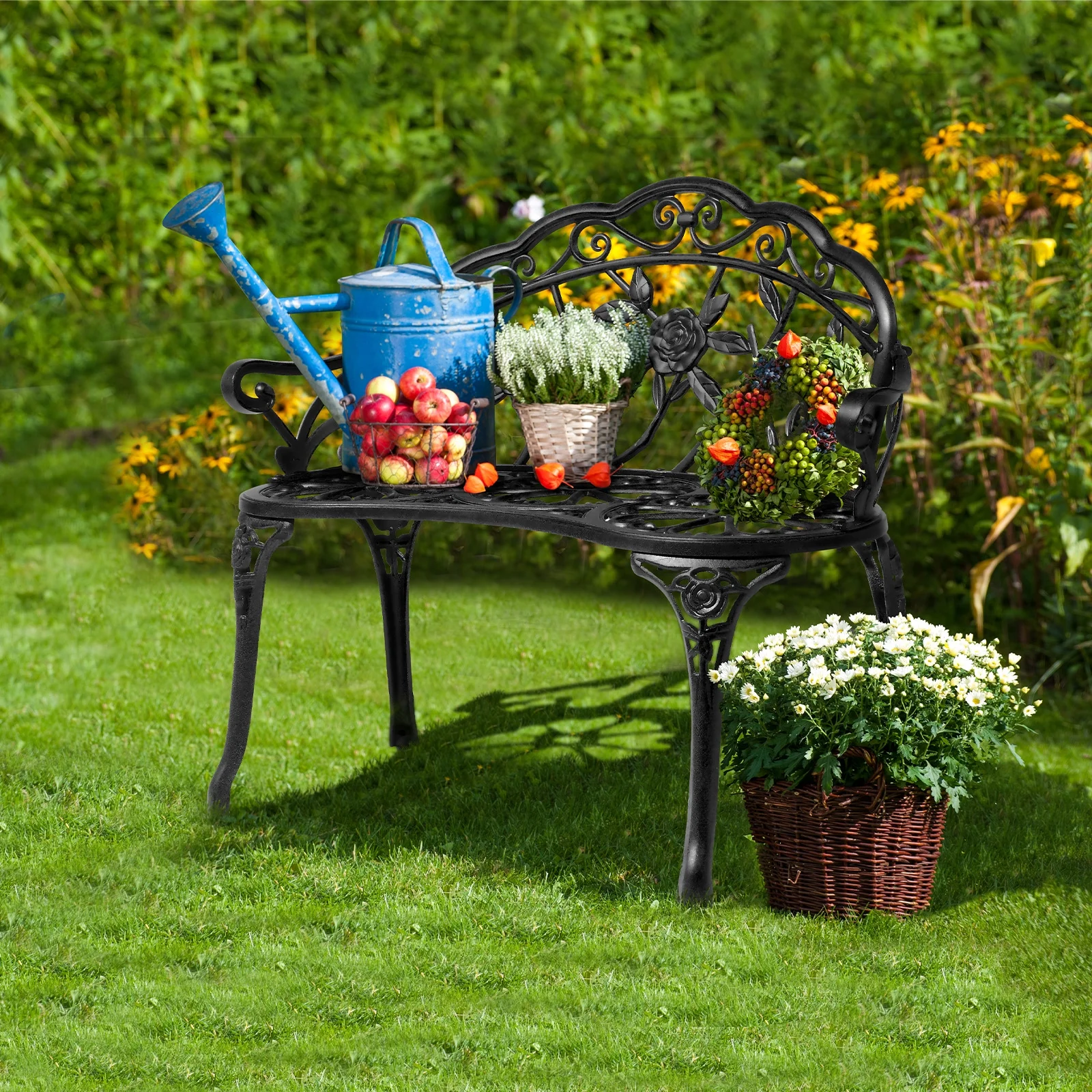 Courtyard Park Outdoor Patio Bench Leisure Rose Cast Aluminum Chair, Metal Loveseat Bench for Garden Patio, Porch, Deck, Bronze(Bronze) - Image 10