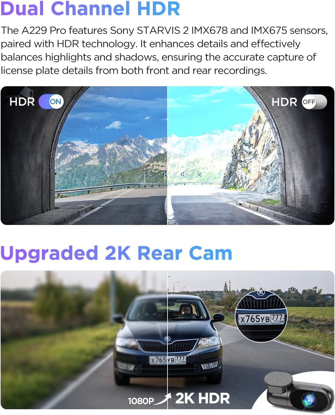VIOFO A229 Pro 4K HDR Dash Cam  Dual STARVIS 2 IMX678 IMX675  4K+2K Front and Rear Car Camera  2 Channel with HDR  Voice Control  5GHz WiFi GPS  Night Vision 2.0  24H Parking Mode