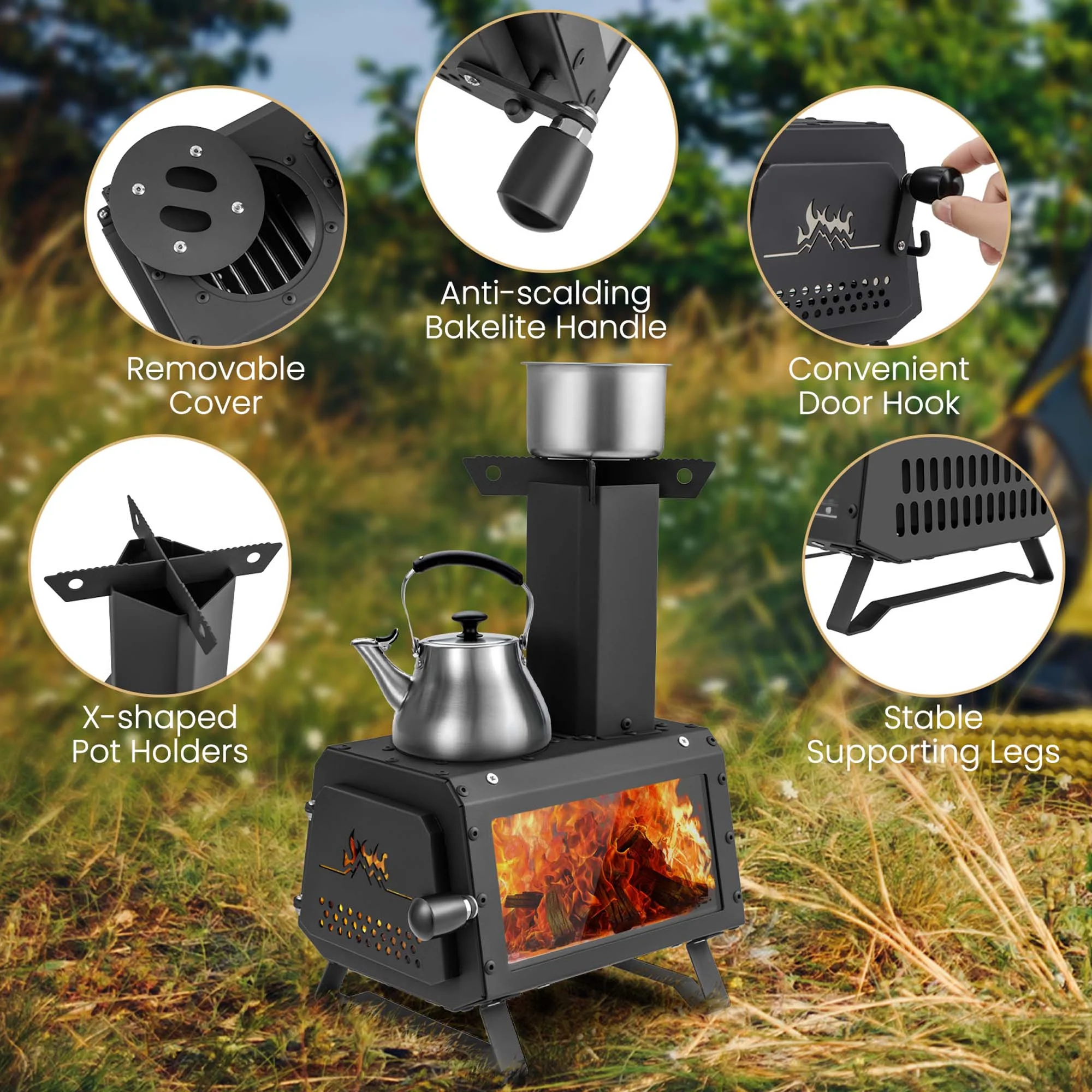 Portable Wood Camping Stove with 2 Cooking Positions(B) Image 10