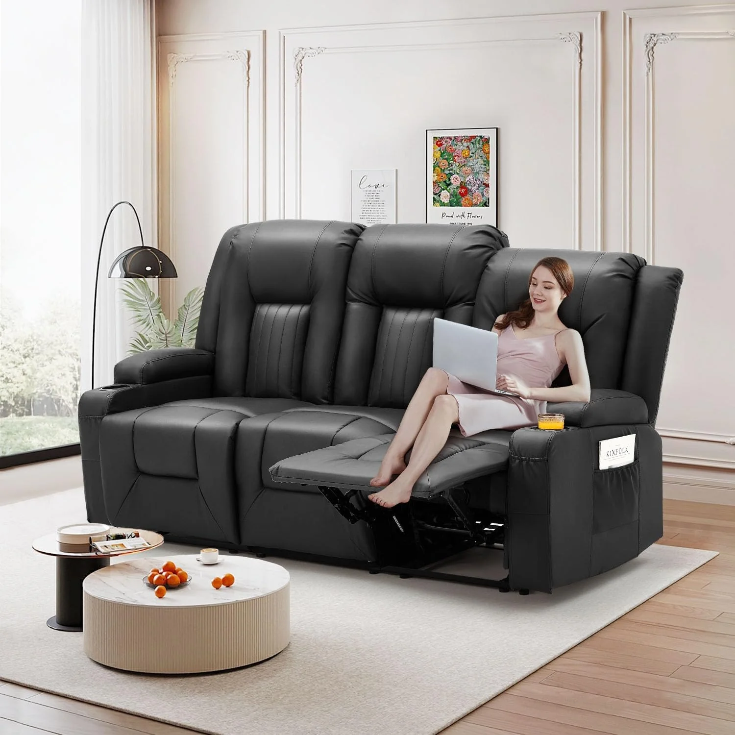 AECOJOY 3 Seater Reclining Sofa with 2 Cup Holders&Side Pockets, Black