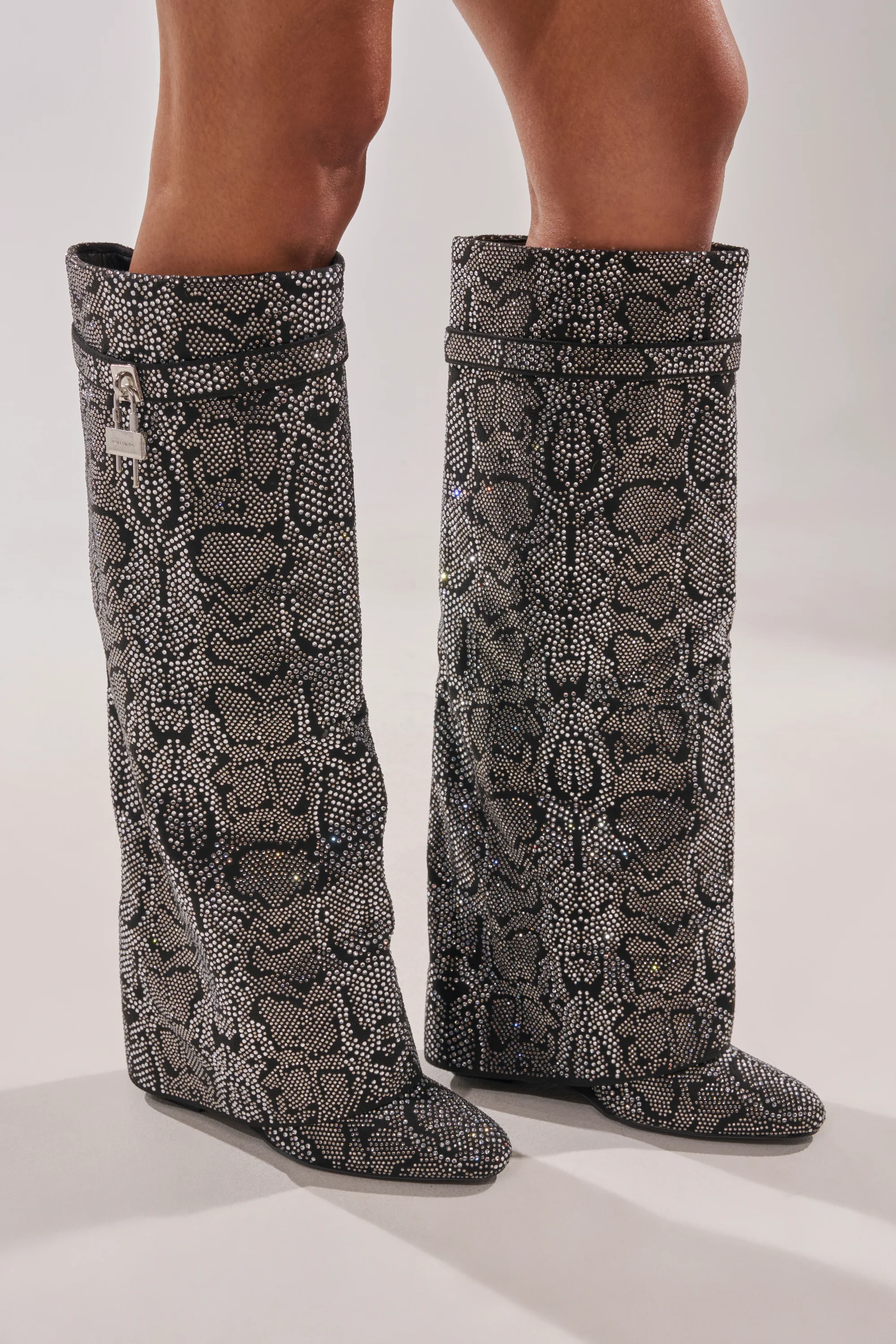 AZALEA WANG CAPRICORN RHINESTONE SNAKE PATTERN WEDGE FOLD OVER BOOT - Akira Store